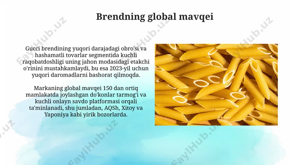 tiq videoroliklarni joylashtirdi va shu bilan yoshlar orasida brendning mashhurligini oshirdi. bu videolar londondan myamigacha turli joylarda suratga olingan. gucci kolleksiyalari gucci bamboo chizig'i, 1947 yildan beri ishlab chiqarilgan bo'lib, 500 dan ortiq turli xil mahsulotlarni, jumladan, sumkalar, poyabzallar va kamarlardan iborat bo'lgan katta assortimentini taqdim etadi. gucci'ning 2023 yilgi kuz-qish kolleksiyasi, milanda namoyish etilgan bo'lib, 70 dan ortiq turdagi kiyim-kechak va aksessuarlarni, shu jumladan, noyob dizayndagi charm buyumlarni o'z ichiga oldi. raqobatdosh brendlar 2023 yil ma'lumotlariga ko'ra, gucci, prada va dior kabi brendlar orasida yuqori darajadagi hashamatli mahsulotlar bozori uchun qattiq raqobat kuzatilmoqda, bu raqobat 30% dan ortiq bo'lgan foyda marjasini saqlab qolishni qiyinlashtirmoqda. raqobatdosh brendlar, masalan, balenciaga va saint laurent kabi brendlar o'zlarining noyob dizayni va eksklyuziv mahsulotlari bilan 50 dan ortiq mamlakatda bozor ulushini oshirishga harakat qilmoqdalar, bu esa gucci uchun jiddiy tahdid hisoblanadi. gucci va barqarorlik gucci, 2022 yilda xitoyning 5 ta yirik shahri bo'ylab o'z …