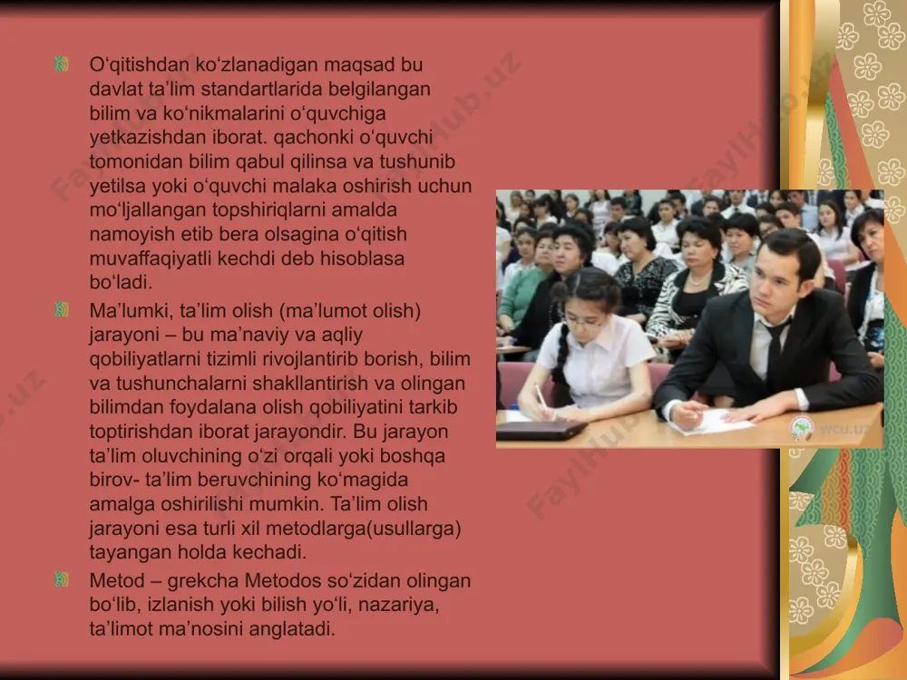 i tushuntirish, mos rollarni bo‘lib berish, maqsad va vazifalarni tushuntirish; o‘yin davomida o‘quvchilarning hatti-harakatlarini kuzatib borish; o‘quvchilarning hatti-harakatlari orqali ularga bilim olishlariga, ma’lum malaka va ko‘nikmalarni egallashlariga imkoniyat yaratish; o‘yin natijalarining tahlili; o‘yin natijalarini real hayotiy hodisalar bilan taqqoslash; loyiha usuli bu usul bilim va malakalarni, tahlil qilish va baholashni nazarda tutuvchi ta’limning majmuaviy usulini amalga oshiradi. loyiha usulida o‘quvchilar rejalashtirishda, tashkil qilishda, tekshirishda, tahlil qilishda va bajarilgan ishning natijalarini baholashda ko‘proq ishtirok etadilar. ta’lim oluvchilar ayrim kichik loyiqa ishlarini, diplom va kurs loyihalari, bitiruv ishlarini ilmiy asoslangan holda loyihalashtiradilar, mustaqil bajaradilar, ularni yozadilar, taqdimot qiladilar, qo‘yilgan maqsad va natijalarni tahlil qiladilar. ovozga qo‘yish metodi dars davomida bahsli vaziyatni keltirib chiqarish; yuzaga kelgan bahs munozarani boshqarish maqsadida, bahs yuritayotgan tomonlarning fikrlarini sinf bo‘yicha ovozga qo‘yish; har bir fikr bo‘yicha qarshi, rozi va betaraflarni aniqlash; tomonlarning dalillarini va fikrlarini tinglash; so‘ng yana ovozga qo‘yish; xulosalash; «charxpalak» usuli mazkur metod guruhlarda ishlash …