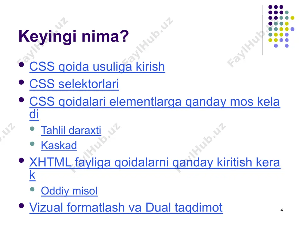 ni toping. agar bog'langan selektor ko'rib chiqilayotgan elementga mos kelsa, deklaratsiyalar qo'llaniladi. deklaratsiyalarning asosiy turi vazni va kelib chiqishi bo'yicha: oddiy deklaratsiyalar uchun muallif uslublar jadvallari standart uslublar jadvalini bekor qiluvchi foydalanuvchi uslublar jadvallarini bekor qiladi. ' !important ' deklaratsiyasi uchun foydalanuvchi uslublar jadvallari standart uslublar jadvalini bekor qiluvchi muallif uslublar jadvallarini bekor qiladi. ' !important ' deklaratsiyasi oddiy deklaratsiyalarni bekor qiladi. import qilingan uslublar jadvali uni import qilgan uslublar jadvali bilan bir xil kelib chiqishiga ega. ikkilamchi tartib selektorning o'ziga xosligi bo'yicha: aniqroq selektorlar umumiyroqlarni bekor qiladi. psevdoelementlar va psevdosinflar mos ravishda normal elementlar va sinflar hisoblanadi. nihoyat, belgilangan tartib bo'yicha tartiblang: agar ikkita qoida bir xil og'irlik, kelib chiqish va o'ziga xoslikka ega bo'lsa, ikkinchisi ko'rsatilgan g'alaba qozonadi. import qilingan uslublar jadvallaridagi qoidalar uslublar jadvalidagi har qanday qoidalardan oldingi hisoblanadi. css2 spetsifikatsiyasi §6.4.1 kaskad tartibi dalhousie csci 3172 ma'ruza: css essentials 2007-2008 yil kuz versiyasi 17 kaskadli uslublar …