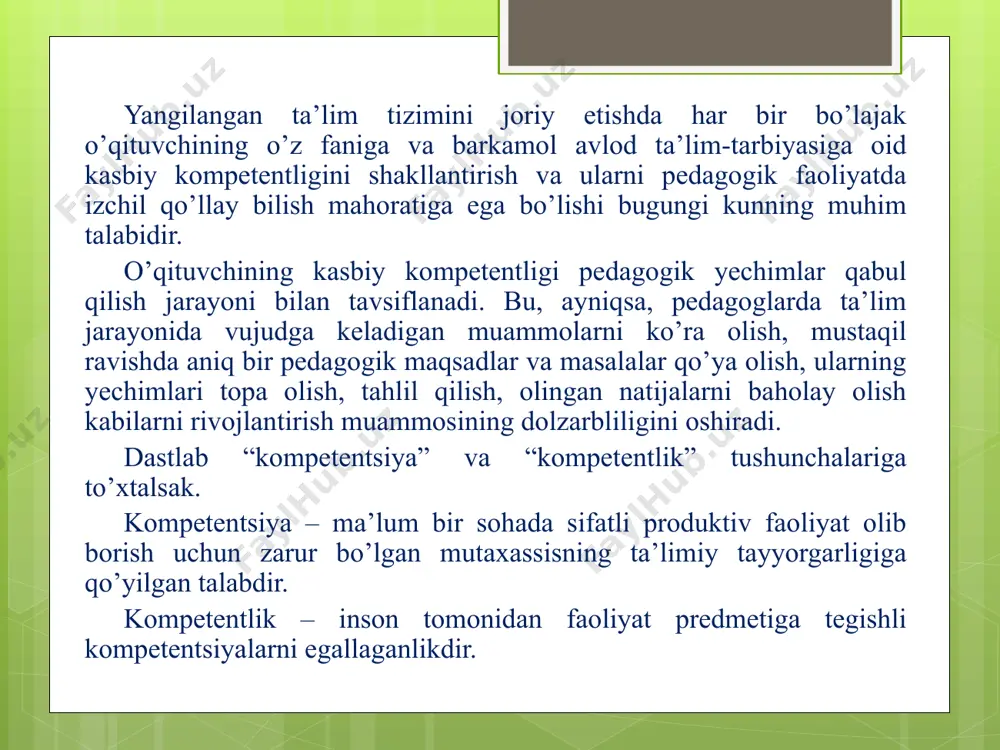 an. u turli mazmun va xarakterga (muomala, munoazarali, turli mazmunli) ega bo’lgan mavzularni o’rganishga yaroqli bo’lib, o’z ichiga og’zaki va yozma ish shakllarini qamrab oladi hamda bir mashg’ulot davomida har bir ishtirokchining turli topshiriqlarni bajarishi, navbat bilan o’quvchi yoki o’qituvchi rolida bo’lishi, kerakli ballni to’plashiga imkoniyat beradi. “bumerang” texnologiyasi tanqidiy fikrlash, mantiqli shakllantirishga, imkoniyat yaratadi; xotirani, g’oyalarni, fikrlarni, dallillarni yozma va og’zaki shakllarda bayon qilish ko’nikmalarini rivojlantiradi. ta’lim bilan bir qatorda mazkur metod tarbiyaviy xarakterdagi qator vazifalarni amalga oshirish imkonini beradi: -jamoa bilan ishlash mahorati; -muomalalik; -xushfe’llik; -ko’nikuvchanlik; -o’zgalar fikriga hurmat; -faollik; -rahbarlik sifatlarini shakllantirish; -ishga ijodiy yondoshish; -o’z faoliyatining samarali bo’lishiga qiziqish; -o’zini xolis baholash. asosiy tushunchalar quyidagilar: ochiq savollar - bu savollar muomala, so’zlashuvni davom ettirishga imkon beradi. ularga qisqa, bir xil javob berish mumkin emas. yopiq savollar - bu savollar oldindan “ha” yoki “yo’q” tipidagi to’g’ri, ochiq, javoblarni berishni ko’zda tutadi. ko’ndalang so’roq - bir-biriga guruhlab beriluvchi …
