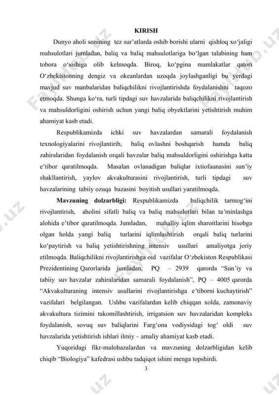 . tadqiqot natijalarining ilmiy ahamiyati sovuq suv baliqlarining respublikamiz suv havzalarida tarqalishi, ularning biologiyasi, xususan oʻsish tezligi, jinsiy voyaga yetishi, serpushtligi, iqlimlashtirilish natijalari bilan izohlanadi. tadqiqot natijalarining amaliy ahamiyati sovuq suv baliqlarining suv havzalariga boʻlgan talabidan kelib chiqib, ularni yetishtirishning texnologik hamda biologik asoslarini ishlab chiqish va ovlashni boshqarish kabilar bilan izohlanadi. tadqiqotning asosiy masalalari va farazlari: - respublikamizdagi xususan fargʻona vodiysidagi tabiiy va sunʼiy suv havzalarining gidrologik va gidrografik holati oʻrganiladi; - sovuq suv baliqlarining respublikamiz suv havzalarida tarqalishi oʻrganiladi; - sovuq suv baliqlarini suv havzalariga boʻlgan talabi va ularni respublikamiz baliqchiligidagi oʻrni aniqlanadi; - sovuq suv baliqlarining bioekologik xususiyatlari va ularni yetishtirishning texnologik hamda biologik asoslari ishlab chiqiladi; - tabiiy va sunʼiy suv havzalarida tarqalgan sovuq suv baliqlarining respublikamiz baliqchiligidagi ahamiyati tahlil qilinadi; - sovuq suv baliqlarini yetishtirishning intensiv usullari oʻrganiladi. dissertatsiyaning hajmi va tuzilishi: dissertatsiya ishi kirish qismi, 3 ta bob, 19 ta rasm, 19 ta jadval, …