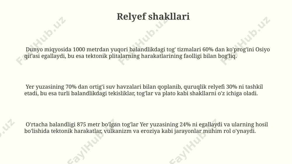 lishuvlarni talab qiladi. oʻzbekiston suv resurslarining 80% dan ortigʻi shimol va sharqdagi togʻlardan oqib tushadigan daryolar hisobiga toʻgʻri keladi, bu esa mamlakatning suv taʼminotida muhim rol oʻynaydi. ekologik muammolar taxminan 1 milliard gektar yer maydoni cho'lga aylanib, yerning unumdorligi pasayib, qurg'oqchilik xavfi ortib bormoqda. jahon miqyosida 330 milliondan ortiq odam suv tanqisligidan aziyat chekmoqda, bu esa oziq-ovqat xavfsizligi va iqtisodiy o'sishga salbiy ta'sir ko'rsatmoqda. global isish natijasida okeanlarning kislotalashuvi kuchayib bormoqda, bu esa dengiz hayotining biologik xilma-xilligini kamaytirish va baliqchilik resurslariga tahdid solmoqda. tabiatni muhofaza qilish tabiatni muhofaza qilishda 2022-yilgi ma'lumotlarga ko'ra, global miqyosda 15 million gektardan ortiq o'rmonlar yo'q qilingan, bu biologik xilma-xillik va iqlim o'zgarishiga salbiy ta'sir ko'rsatmoqda. dunyoda 7000 dan ortiq qo'riqxonalar va milliy bog'lar mavjud bo'lib, ularning umumiy maydoni yer yuzasining 15% dan ortiq qismini tashkil etadi, bu esa biologik xilma-xillikni saqlashga yordam beradi. yovvoyi tabiatni muhofaza qilish bo'yicha 100 dan ortiq xalqaro shartnomalar mavjud bo'lsa-da, …