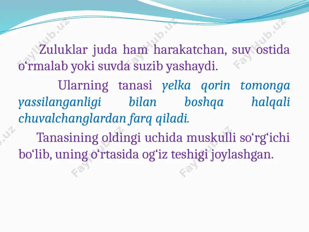 di. jag‘li zuluklar turkumiga yana tropik nam o‘rmonlarida, quruqlikda yashovchi qonxo‘r jag‘li zuluk-haemodipsa ceylonica turi ham kiradi. ular, ayniqsa, avstraliya, janubiy osiyo, yaponiya va boshqa janubiy mamlakatlarda keng tarqalgan. 3-4 sm li bu zuluklar daraxtga yopishgan holda odam va hayvon o‘tishini poylaydi hamda ko‘pincha ularga tashlanib, qonini so‘rib azob beradi. mollyuskalar (mollusca) tipi. bu tipga 115 mingdan ortiq tur kiradi va ular 7 ta sinfga bo‘linadi. mollyuskalar orasida ham ayrim turlari parazitlik qilib hayot kechiradi. ular asosan ikki pallali (bivalyia) va qorinoyoqlilar (gastropoda) sinflari ichida uchraydi. e’tiboringiz uchun rahmat! image2.png image3.png image4.png image5.png image6.png image7.png image8.png image9.png image10.png