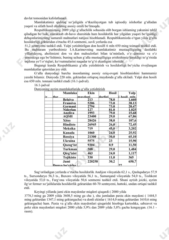 rshi kurash bo‘yicha tadbirlar tizimi, dalani himoyalash, ixota daraxtlarini yaratish. mamlakatning hamma mintaqalarida dehqonchilikning yagona tizimidan foydalanishning imkoni yo‘q, chunki turlicha tuproq-iqlim sharoitlarida tizimidagi alohida elementlaming ahamiyati har xil bo‘ladi. quruq iqlimli tumanlarda - sug‘orish, shamol eroziyasiga qarshi kurashish, namlik ko‘p tumanlarda - yeming melioratsiya holatini yaxshilash, sug‘oroladigan dehqonchilik tumanlarida - o‘g‘itlardan oqilona foydalanish, sho‘rlangan va kislotasi yuqori tuproqlarda - kimyoviy melioratsiya katta ahamiyatga ega. dehqonchilik tizimining asosini almashlab ekish tizimi - dala, o‘tloq- beda, makkajo‘xori, sabzavot, tuproqni himoya qiluvchi va boshqa ekinlami almashlab ekish tashkil etadi. ilmiy asoslangan almashlab ekishlar - tuproqqa ishlov berishning tavsiya etilgan tizimini joriy etish uchun sharoit yaratadi, uning suv-havo tizimini yaxshilaydi, yuqori samarali texnikadan, organik va mineral o‘g‘itlardan foydalanishga imkon beradi. unumdor tuproqqa mexanizatsiyalash (mashinalar tizimi) ulkan ta’sir etadi. mashinalardan oqilona foydalanish tuproqda namlik yig'ilishiga, havo va issiqlik tartibi to‘g‘rilanishiga, dalaning ifloslanishiga qarshi kurashga, qishloq xo‘jaligi ishlarini optimal muddatlarda o‘tkazishga yordam beradi. qishloq xo‘jaligi …