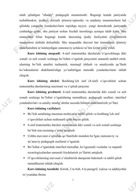 ifalari: · bo’lish amalining mazmun-mohiyatini tahlil qilish va boshlang’ich sinf o’quvchilari uchun tushunarli qilib bayon qilish. · 4-sinf matematika darslari mazmunida ikki xonali va uch xonali sonlarga bo’lish mavzusining o’rnini aniqlash. · ushbu mavzuni o’qitishda qo’llanilishi mumkin bo’lgan zamonaviy va an’anaviy pedagogik usullarni o’rganish. · bo’lishni o’rgatishda interfaol metodlar, ko’rgazmali vositalar va raqamli texnologiyalardan samarali foydalanish yo’llarini aniqlash. · o’quvchilarning mavzuni o’zlashtirish darajasini baholash va tahlil qilish metodikasini ishlab chiqish. kurs ishining tuzulishi: kirish, 2 ta bob, 4 ta paragrif, xulosa va adabiyotlar ro’yxatidan iborat. i.bob. ikki xonali va uch xonali sonlarga bo’lish haqida tushuncha 1.1. bo’lish amalining mohiyati va bosqichlari bo’lish amali — bu arifmetik harakat bo’lib, biror miqdorni teng qismlarga ajratish yoki necha marta joylashtirishni aniqlash maqsadida ishlatiladi. bu amal nafaqat matematikaning asosiy to’rt harakatidan biri, balki real hayotdagi ko’plab vaziyatlarni hal qilishda ham muhim vosita hisoblanadi. bo’lish amali orqali o’quvchilar umumiy son va uning tarkibiy qismlari o’rtasidagi …