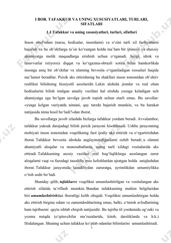 ida o‘z ifodasini topadi. biz doimo so‘zlar orqali fikr yuritamiz. qisqartirilganlik, muxtasarlik, ixchamlilik xususiyatiga ega bo‘lgan yashirin, tovushsiz, ichki nutq insonning tafakkur mexanizmi bo‘lib hisoblanadi. nutq tafakkur qurolidir. ma’lum fikr so‘zlar bilan ifoda etilganida tafakkur jarayoni amalga oshiriladi. fikrni so‘z bilan ifoda etish – ifodalash motivi (nutqiy maqsad), ichki nutq, fikrni tashqi tomondan nutqiy ifodalash kabi bosqichlaridan iborat bo‘lgan murakkab jarayon. tafakkur – bu narsalar mohiyatini ochib beruvchi g‘oyalar harakati. uning natijasi obraz emas, balki ma’lum bir fikrdir. tafakkur – bu kiritilgan yo‘nalishli-tadqiqiy, qayta o‘zgarishli va bilish xususiyatiga ega bo‘lgan harakatlar va muolajalar tizimini taxminlovchi alohida turga ega bo‘lgan nazariy va amaliy faoliyat. tafakkur moddiy olam qonuniyatlari, tabiat va ijtimoiy-tarixiy hayotdagi sababiy-oqibat aloqalari, insonlar psixikasi qonuniyatlarini tushunish imkonini beradi. aqliy faoliyat natijalarini qo‘llash sohasi bo‘lgan amaliyot tafakkur faoliyatining manbai bo‘lib xizmat qiladi. tafakkur psixik faoliyat sifatida miyaning vazifasi hisoblanadi. oddiy psixik jarayonlar, masalan, sezgilar uchun asos vazifasini o‘taydigan yuqoriroq darajadagi …
