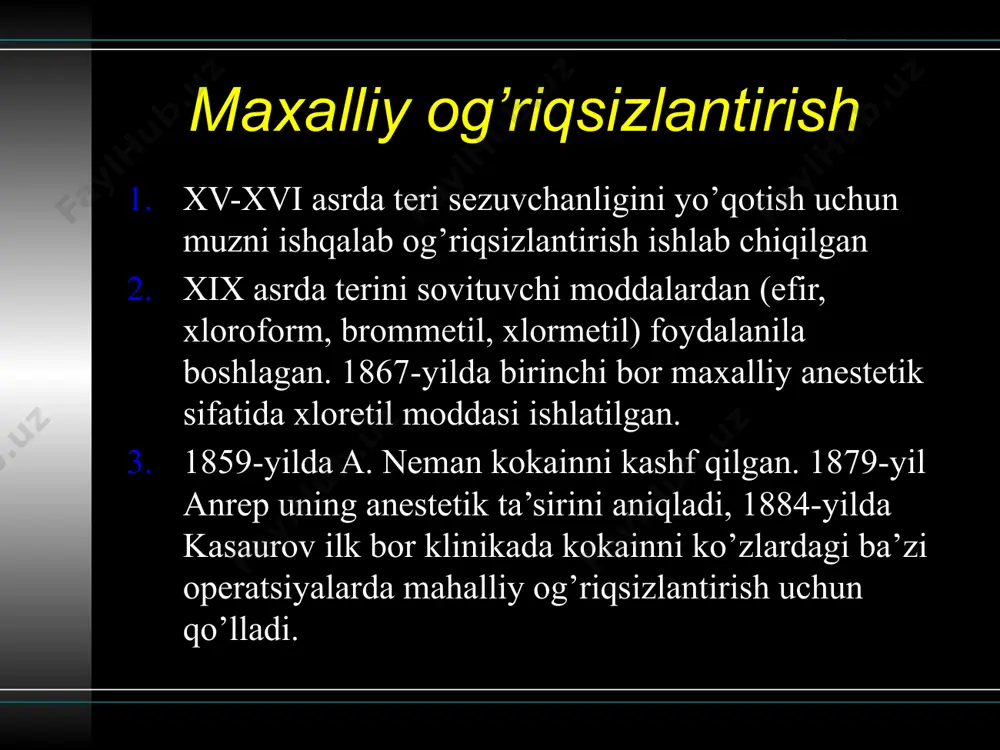 rvni og'riqsizlantirish uchun foramen mentalae proyeksiyasini topish va nerv joylashgan kanal yo'lini yaxshi tasavvur qilish kerak. nerv yetgan kanal pastki jag' ichidan tashqariga birinchi va ikkinchi kichik oziq tishlar to'sig'i oralig'ida pastki jag' tanasining pastki qirrasidan 12-13 mm yuqorida ochiladi. suyak ichida u yarim halqa shaklida burilib lashqariga, yuqoriga, orqaga qarab ochiladi. og’iz ichidan bajarish bemor tishlarini jipslaydi. pastki labni chap qo'lni ko'rsatkich va bosh barmog'i bilan ushlab tashqariga suriladi. 3.0'tuv burmada kichik oziq tishlar orasida teshik proyeksiyasi tahmin qilinadi. tahmin qilingan teshikdan 0,5 sm. yuqoridan birinchi katta oziq tish ro'parasidan igna sanchilib kanalga qarab yuqoridan pastga, iqhkariga va oldinga suyakka qadaiguncha kiritiladi. igna uchi bilan teshik topiladi va 3-4 mm ichiga kirib 1-2 ml anestetik yuboriladi. e’tiboringiz uchun rahmat image1.png image2.png image3.png image4.png image5.png image6.png image7.png image8.png image9.png image10.png image11.png image12.png image13.png image14.png image15.png image16.png image17.png image18.png image19.png image20.png image21.png /docprops/thumbnail.jpeg