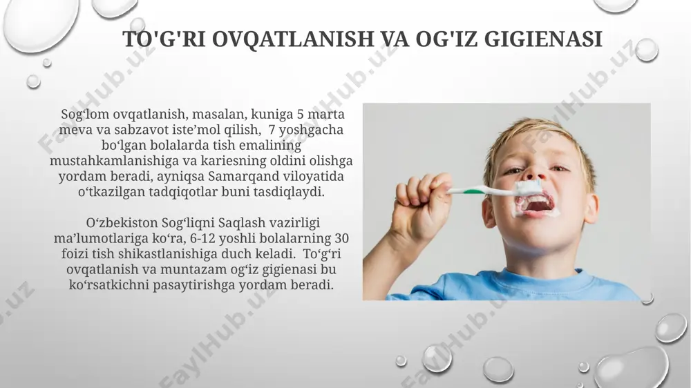 sh muolajalar samaradorligini oshiradi. tish pastalaridagi qo'shimcha moddalar yevropa ittifoqi standartlariga ko'ra, tish pastalarida qo'llaniladigan sun'iy tatlandırıcılar miqdori, masalan, sakkaroza yoki aspartam, umumiy hajmining 1-3% dan oshmasligi kerak. ba'zi tish pastalari tarkibida, masalan, hindiston va xitoyda ishlab chiqarilganlarning ayrimlarida, tabiiy o'simlik ekstraktlari, masalan aloe vera yoki romashka kabi qo'shimchalar 5% gacha bo'lishi mumkin. e'tiboringiz uchun rahmat @taqdimot_robot image3.png image4.jpg image5.jpg image6.jpg image7.jpg image8.jpg image9.jpg image10.jpg image11.jpg image12.jpg image13.jpg image14.jpg image15.jpg image16.jpg image17.jpg image18.jpg image19.jpg image20.jpg image1.png