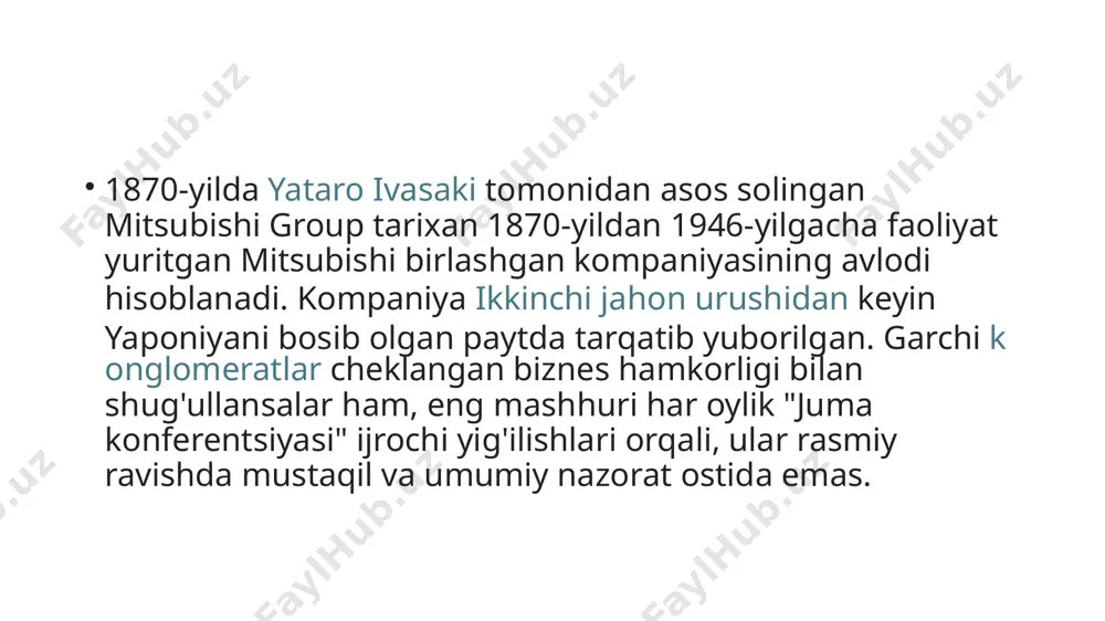 agenti bo'lish uchun shartnoma imzolaganida qisqa vaqt ichida televideniya bilan shug'ullangan. asosiy a'zolar guruh kompaniyalarining uchtasi norasmiy ravishda "uchta buyuk uy" "three great houses" (yaponcha: 御三家 'gosanke'?) nomi bilan tanilgan va har juma konferentsiyasi oldidan alohida muvofiqlashtiruvchi yig'ilish o'tkazadi[6]: mitsubishi ufj moliyaviy guruhi mitsubishi korporatsiyasi mitsubishi heavy industries muvofiqlashtiruvchi yig'ilishda o'nta boshqa "yirik" guruh kompaniyalari (har qanday oyda o'nta kompaniyadan oltitasi ishtirok etgan holda) ishtirok etadilar[6]: etiboringiz uchun rahmat! image1.png image2.png image3.jpeg image4.jpeg image5.jpeg /docprops/thumbnail.jpeg