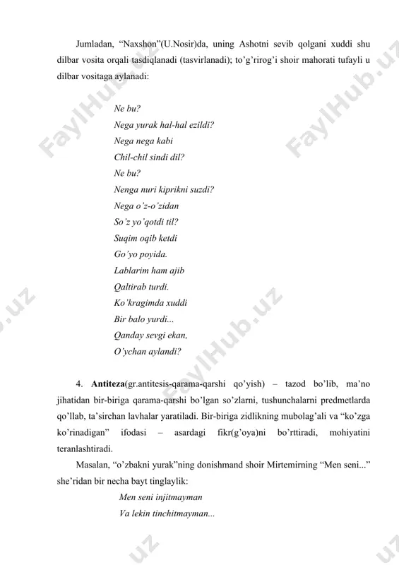 lar asardagi poetik maqsadni ro’yobga chiqarish uchun, unga mos tarzda fikrni goh bo’rttiradi, goh kuchaytiradi, goh detalllashtiradi, goh bosh diqqatni qaratadi. takrorlarning ko’rinishlari ko’p, hozircha ulardan ikkitasini o’rganamiz. apafora – she’riy misralarning yoki nasriy gaplarning boshida bir xil so’z va iboralarning, tovushlarning takrorlanib kelishidan hosil bo’ladi. olamning chirog’i – quyosh bor bo’lsin, oy, yulduzlar doim unga yor bo’lsin, olam uzra ziyo barqaror bo’lsin, chiroq yoniq tursin, chiroq yoniq tursinh ziyo bo’lsin doim yuragimizda, ziyo bo’lsin doim qarog’imizda, ziyo pilik bo’lsin chirog’imizda, chiroq yoniq tursin, chiroq yoniq tursinh chiroq – davlat emas, shukuh muruvvat, chiroq – g’aflat emas, bedorlik, da’vat, chiroq – nafrat emas, mehr-muhabbat, chiroq yoniq tursin, chiroq yoniq tursinh insonning qo’lida chirog’i bo’lsin, insonning dilida chirog’i bo’lsin, insonning yo’lida chirog’i bo’lsin, chiroq yoniq tursin, chiroq yoniq tursinh mashrab boboyevning to’liq keltirilgan “chiroq yonib tursin” she’rida ta’kidlangan so’zlar – apofora bo’lsa, tagiga chizilgan har band oxirida takrorlanuvchi misralar – misralar …