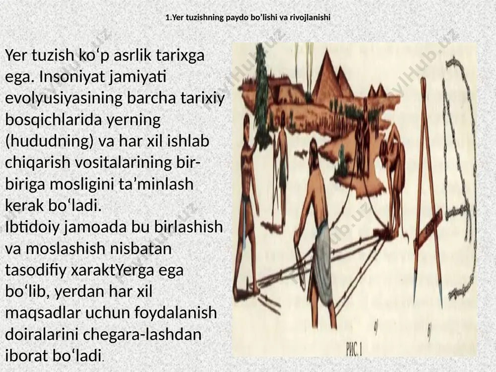 hamiyatli qoidalar o‘zbekiston respublikasi konstitutsiyasida keltirilgan. o‘zbekiston konstitutsiyasiga asosan u mazkur xududda yashaydigan xalqlar hayoti va faoliyati asosi hisoblanadi. bunda yer xususiy, davlat va boshqa mulkchilik shakllarida bo‘lishi mumkin. boshqa qonunlardan yer tuzish uchun birinchi darajali ahamiyatga o‘zbekiston respublikasi yer kodeksi ega. o‘zbekiston respublikasining harakatdagi yer kodeksi 14 bob va 91 moddadan iborat. uning iii bobi (11-15 moddalar) maxsus yer tuzishga bag‘ishlangan. bundan tashqari boshqa qator moddalar (masalan 30, 32, 33, 47, 51, 52, 54 va boshq.) bevosita yer tuzishga taalluqlidir. xo‘jalik va boshqa faoliyatlarni olib borish uchun yer beriladi. yer tuzish nazariyasi va amaliyotida tez-tez ishlatiladigan “yerdan foydalanish” va “yer egaligi” tushunchalari bir xil emas, birinchi ma’nosi, yer uchastkasining haqiqat-dan ham foydalanish, egalik qilish yoki mulk huquqlari asosida foyda-lanishini bildiradi. bunda eng katta vakolatga (huquqqa) mulkdorlar, eng kamiga esa – foydalanuvchilar ega. ularning har biri bir necha ma’noga ega. o‘zbekiston respublikasi qonun-lariga asosan yer uchastkalari mulk qilib, egalik qilish …
