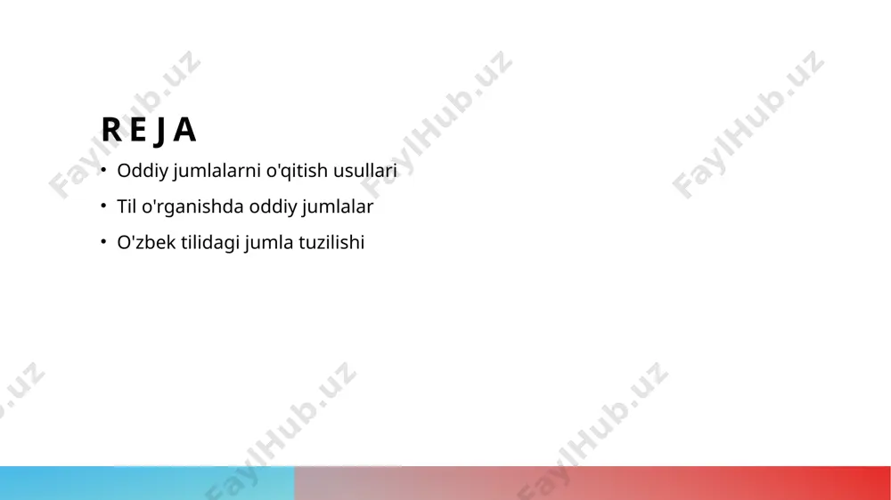 etishmasligi o'quvchilarda oddiy jumlalarni amaliyotda qo'llash uchun yetarli imkoniyatlar bo'lmaganligi, nazariy bilimlarni hayotda qo'llash qiyinlashadi. 04 resurslar muammosi o'zbek tilida oddiy jumlalarni o'qitish uchun zaruriy resurslar va materiallarning yetishmasligi ta'lim jarayoniga salbiy ta'sir ko'rsatadi. oddiy jumlalar: til o'rganish jarayonida ahamiyati va roli. oddiy jumlalar va til oddiy jumlalar, til o'rganish jarayonida asosiy qurilishlar bo'lib, foydalanuvchilarni kommunikativ ko'nikmalar bilan ta'minlaydi. o'qitish jarayoni oddiy jumlalarni o'qitish, talabalarni tilning asosiy qoidalari bilan tanishtiradi, shu orqali tilni osonroq o'zlashtirishlariga yordam beradi. til o'rganishdagi rol oddiy jumlalar, til o'rganishda dastlabki qadamni tashkil etadi, bu esa murakkab tuzilmalarni o'zlashtirishga asos bo'ladi. o'zbek tilidagi ahamiyati o'zbek tilida oddiy jumlalar, milliy til xususiyatlarini o'rganish va tilni yanada chuqurroq tushunishga yordam beradi. o'zbek tilida oddiy jumlalarni o'rgatishning samarali usullari. 1 o'yinlar orqali o'rgatish o'yinlar, talabalarni jalb qilish va oddiy jumlalarni o'rganishni qiziqarli qilish uchun samarali vositadir. bu usul, o'yin jarayonida tilni amaliy qo'llashga yordam beradi. 2 vizual materiallardan foydalanish …