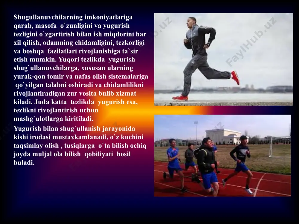 uvchi imkoniyatining mos kelmasligi; uzlashtirib bo`lingan mashqlarning yangi mashqqa salbiy ta`sir ko`rsatishi, xarakat faoliyati paytida etarlicha dadillik va qat`iylik kursatmaslik va shokazolar. mashqni chuqur o`rganishga qaratilgan faoliyat asosiy texnik xarakatlarni avtomatlashtirilgan darajaga etkazish imkonini beradiki, bu shol mashqni mustaqil ravishda va texnik jishatdan to`g`ri bajarishda namoyon bo`ladi. 7. mashq texnikasini mustashkamlash va takomillashtirish uchun o`qituvchi o`quvchi rashbarligida xarakatni mustaqil bajarishni davom ettiradi. tekis yugurish ma`lum masofaga yoki vaqtbay tarzda yugurish yulkasida (soat strelkasi harakatiga teskari yo`nalishda) o`tkaziladi. 400 metrga va undan qisqa masofaga yugurishda har bir yuguruvchi uchun alohida yo`lka ajaratiladi. qolgan masofalarga yugurish umumiy yo`lkada o`tkaziladi. belgilangan masofani o`tish uchun sarflangan vaqt sekundomer bilan o`lchanadi. bir soatlik va ikki soatlik yugurishda vaqt chegaralangan bulib, natija shu vaqt ichida bosib o`tilgan masofa tarzida metr hisobida aniqlanadi. tusiqlar osha yugurishning ikkita xili bor: 1) g`ovlar osha yugurish – bunda yugurish yo`lkasida bir-biridan bir xil o`zoqlikda masofadagi muayyan joylarga quyilgan bir tipdagi …