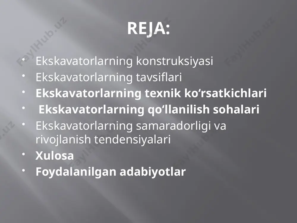 skavatorlar qurilish, tog‘-kon sanoati va boshqa sohalarda samarali ishlash uchun zarur bo‘lgan og‘ir texnikalardir. ularning konstruktsiyasi va texnik ko‘rsatkichlari turli ishlash sharoitlariga qarab farqlanadi. katta ekskavatorlar chuqur qazish ishlari va yirik qurilish loyihalarida qo‘llanilsa, mini ekskavatorlar tor joylarda ishlashda samarali. hozirgi kunda ekskavatorlarning yangi texnologiyalar bilan rivojlanishi, avtomatlashtirish va ekologik toza yechimlarga o‘tish jarayoni davom etmoqda. foydalanilgan adabiyotlar "ekskavatorlar va ular bilan ishlash texnologiyasi" (muhammadaliyev, 2010) – bu kitobda ekskavatorlarning ishlash prinsiplari, konstruksiyasi va texnik ko‘rsatkichlari haqida batafsil ma'lumot berilgan ."qurilish mashinalari va uskunalarini tanlash" (jumayev, 2012) – qurilish texnikalarining turlari, ularning ishlash samaradorligi va texnik ko'rsatkichlarini tavsiflovchi qo'llanma. "qurilish mashinalari" (o‘zbekiston respublikasi qurilish vazirligi, 2016) – ekskavatorlarning texnik ko‘rsatkichlari va ishlash imkoniyatlari haqida muhim ma'lumotlarni o‘z ichiga olgan manba. image2.png image3.png image4.png /docprops/thumbnail.jpeg