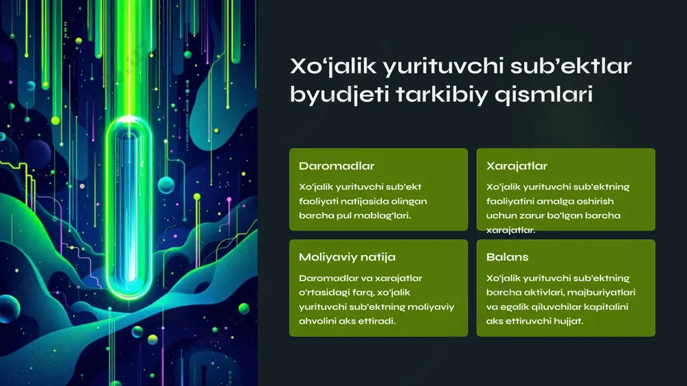 xizmatlar ko‘rsatish, investitsiyalarni aniqlashni o‘z ichiga oladi. xo‘jalik yurituvchi sub’ektlar byudjeti xarajatlarini rejalashtirish byudjet xarajatlarini rejalashtirish – bu moliyaviy maqsadlarga erishish uchun kerakli mablag'larni taqsimlash va sarflash jarayonidir. har bir xarajat turi uchun aniq va batafsil reja tuzish, shuningdek, har bir xarajat turi uchun tegishli resurslarni taqsimlash muhimdir. xarajatlarni rejalashtirish masalan, ish haqi, tovarlar, xizmatlar, ijaraga olish, marketing va boshqalar. xarajatlarni tahlil qilish har bir xarajat turining darajasini, uning sabablarini va byudjetdan tashqari xarajatlarni tahlil qilish. xarajatlarni optimallashtirish xarajatlarni kamaytirish, samaradorlikni oshirish va xarajatlarni boshqarish bo'yicha strategiyalarni ishlab chiqish. xo‘jalik yurituvchi sub’ekt byudjeti teng muvozanatlashtirilganligi daromad va xarajatlar muvozanati byudjet daromad va xarajatlar o'rtasidagi muvozanatni o'rnatishga qaratilgan bo'lib, xo'jalik sub'ektining moliyaviy barqarorligini ta'minlaydi. resurslarni samarali taqsimlash byudjet tuzishda har bir resursni samarali taqsimlash, moliyaviy resurslarni to'g'ri boshqarishga imkon beradi. moliyaviy xavflarni minimallashtirish muvozanatli byudjet moliyaviy xavflarni minimallashtirishga yordam beradi va xo'jalik sub'ektining moliyaviy barqarorligini mustahkamlaydi. xo‘jalik yurituvchi sub’ekt byudjeti samaradorligini …