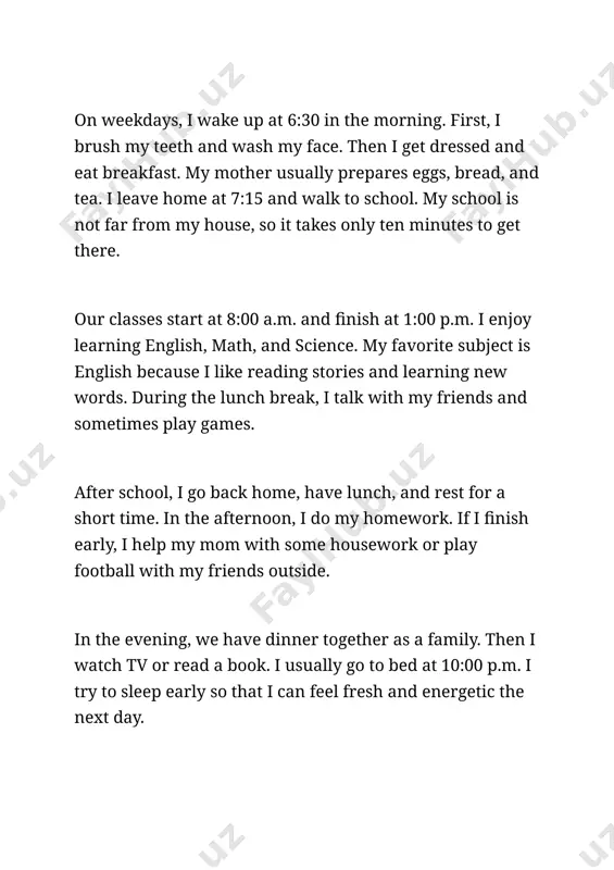 ring (answer the questions) 1. where does ali live? 2. what does he usually eat for breakfast? 3. what time do his classes start and end? 4. what does he do in the afternoon? 5. what is different about his routine on weekends? javoblar (answers) topshiriq 1: 1. false 2. true 3. false 4. true 5. false topshiriq 2: 1. he lives in tashkent. 2. he usually eats eggs, bread, and tea. 3. his classes start at 8:00 a.m. and end at 1:00 p.m. 4. he does his homework, helps his mom, or plays football. 5. on weekends, he wakes up later and sometimes goes to the park or visits his grandparents. reading 2 my best friend reading passage: read the passage and complete the tasks. i have many friends, but my best friend is samir. he is thirteen years old and studies in the same class as me. we …