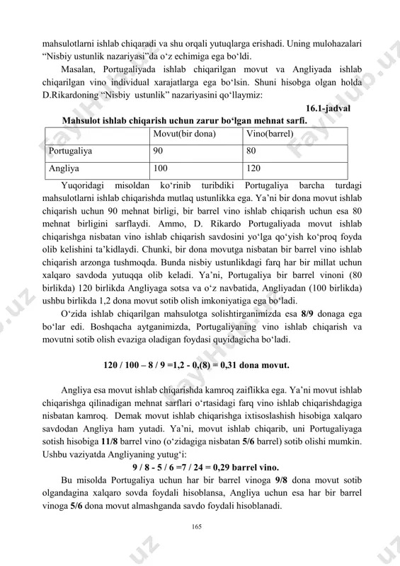 shloq xo‘jaligi, ob-havosi va qolaversa, butun respublika sharoiti paxta etishtirishga moslashgan va unga kam miqdorda mehnat va moliyaviy resurslarni sarf qilib, yuqori hosil olish texnologiyasiga ega. shuningdek, boshqa mamlakatlar ham o‘zi ixtisoslashgan sohaga ko‘proq e’tiborni qaratishsagina dunyo bo‘yicha ko‘proq mahsulot ishlab chiqariladi va xalqaro savdoda ham katta muvaffaqqiyatlarga erishish mumkin. demak, shu yo‘l bilan dunyo aholisining talablarini maksimum qondirish imkoniyatiga erishiladi. ammo qaysidir mamlakat hech qaysi mahsulot ishlab chiqarish bo‘yicha dunyoda mutlaq ustunlikka ega bo‘lmasligi mumkin. bu esa shu mamlakat hamma tovarlarni chetdan keltiradi-mi degan savolni tug‘diradi. agar shunday bo‘lsa importni bu mamlakat qaysi mablag‘lar hisobiga moliyalashtiradi. bu savolga javob berish borasida mutlaq ustunlik nazariyasi boshi berk ko‘chaga kirib qoladi. d. rikardo a. smitning «mutlaq ustunlik» nazariyasini yanada mulohaza qilish natijasida ushbu nazariya umumiy qoidaning bir qismi ekanligini isbotlab berdi. d. rikardo «siyosiy iqtisodning boshlanishi va soliqlar» nomli asarida klassik nazariyani boshi berk ko‘chadan olib chiqadi. uning fikricha, mamlakatlar ishlab …
