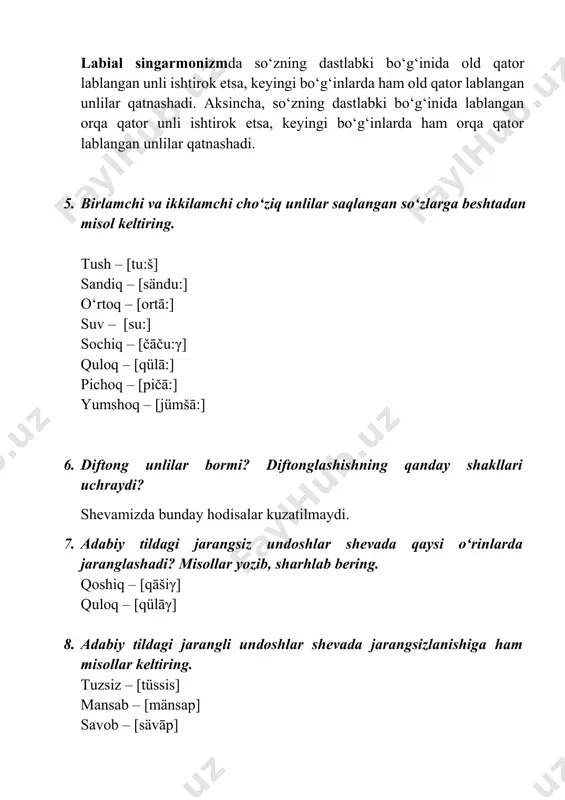 urli turkumlardagi so‘zlar bo‘g‘inlariga tushishiga misol keltiring. olma`- [ālmä] (ot, meva) o`lma- [ālmä] (fe’l) suzma`- [süzmä] (ot) su`zma- [süzmä] (fe’l) so‘zla`r- [sözlär] (ot) so‘`zlar- [sözlär] (fe’l) surma` – [sürmä] (ot) su`rma – [sürmä] (fe’l) 19. shevada o‘zidan katta notanishlarga nima deb murojaat qilinadi: -ayollarga; xola – [xālä] yanga – [jäƞä] opa – [āpä] qoqindiq – [qāqindiq] -erkaklarga; amaki – [ämäki] aka – [ākä] 20. o‘zidan kichik notanishlarga nima deb murojaat qilinadi: –singillarga; qizcha – [qizčä] singil – [sinim] –ukalarga; uka – [üka] toy – [tāj] toychoq – [tājčāq] 21. o‘z ota-onasini, qarindosh-urug‘larini nima debchaqiradi: ­ onasini; oyi – [āji] ona – [ānä] aya – [äjä] opa – [āpä] ­ otasini; ada – [ädä] dada – [dädä] ­ onaning ukasi va akasini; togʻa – [tāγä] ­ otaning ukasi va akasini; amaki – [ämäki] (otaning akasi) aka – [äkä] (otaning ukasi) ­ onaning opasi va singlisini; xola – [xālä] ­ otaning opasi …
