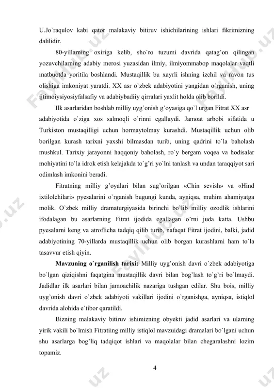 olib borilgan ilmiymalakaviy bitiruv ishi ishlarida fitrat dramalari haqida 30--yillarda bildirilgan fikrlar deyarli takrorlandi. bu jihatdan t.sobirov malakaviy bitiruv ishlari xarakterlidir. shuni aytish kerakki, 20-yillarda cho`lpon va vadud mahmudlarning «chin sevish», «hind ixtilolchilari» haqida bildirgan fikrlari xolis edi. sho`ro mafkurasining tazyiqi ostida yuqorida zikr etilgan adabiyotshunoslarning ilmiy asarlarida monografik xarakterdagi malakaviy bitiruv ishilarda fitrat dramalari bir yoqlamag’oyaviy zararli, millatchilik aks etgan asarlar sifatida talqin etildi. 80-yillarning ikkinchi yarmiga kelib fitrat hayoti va ijodi bo`yicha haq gaplar yozila boshlaganidek, uning «chin sevish» va «hind ixtilolchilari» dramalari haqida ham xolis va to`g’ri fikrlar bildirish tamo-yili sezildi. faqat rsspublikamiz mustaqillikka erishgandan keyin bu tamo-yil to`la namoyon bo`la bordi. biz fitratning «chin sevish» va «hind ixtilolchilari» asarlarida milliy ozodlik g’oyalari talqinini tekshirishni o`z oldimizga maqsad qilib qo`yar ekanmiz, yuqorida qayd etilgan dissertatsiya, risola va maqolalarga suyangan holda mavzuga atroflicha yortishga harakat qildik. kurs ishi mavzusining asosiy vazifalari: mazkur ishdan ko`zlangan maqsad «chin sevish» dramasida …