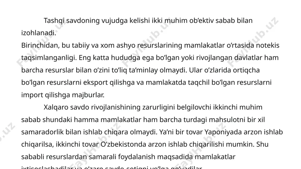 ort qilishga va mamlakatda taqchil bo’lgan resurslarni import qilishga majburlar. xalqaro savdo rivojlanishining zarurligini belgilovchi ikkinchi muhim sabab shundaki hamma mamlakatlar ham barcha turdagi mahsulotni bir xil samaradorlik bilan ishlab chiqara olmaydi. ya’ni bir tovar yaponiyada arzon ishlab chiqarilsa, ikkinchi tovar o’zbekistonda arzon ishlab chiqarilishi mumkin. shu sababli resurslardan samarali foydalanish maqsadida mamlakatlar ixtisoslashadilar va o’zaro savdo-sotiqni yo’lga qo’yadilar. bu ikki ob’ektiv sabab har qanday milliy iqtisodiyotning takror ishlab chiqarishi jarayonida xalqaro savdoning ahamiyatini aniqlaydi. 90-yillarning boshlarida xalqaro savdo hajmi aqshda yalpi milliy mahsulotning 16-18 foizini, germaniyada 30-39 foizini tashkil etdi. shu davrda o’zbekiston yalpi milliy mahsulotida tashqi savdoning ulushi 10-12 foiz atrofida bo’ldi. tashqi savdo xalqaro ayirboshlashning an’anaviy shakli sifatida quyidagi ko’rinishlarni o’z ichiga oladi: mahsulotlarni ayirboshlash: yoqilg’i-xom ashyo mahsulotlari, qishloq xo’jaligi mahsulotlari, sanoat mahsulotlari; xizmatlarni ayirboshlash: muhandislik-maslahat xizmatlari; transport xizmatlari, sayyohlik va boshqa xizmatlar. hozirgi vaqtda xizmatlarning jahon eksportidagi hissasi 30 foizdan oshib ketdi; yangi ilmiy-texnik ma’lumotlarni ayirboshlash: …