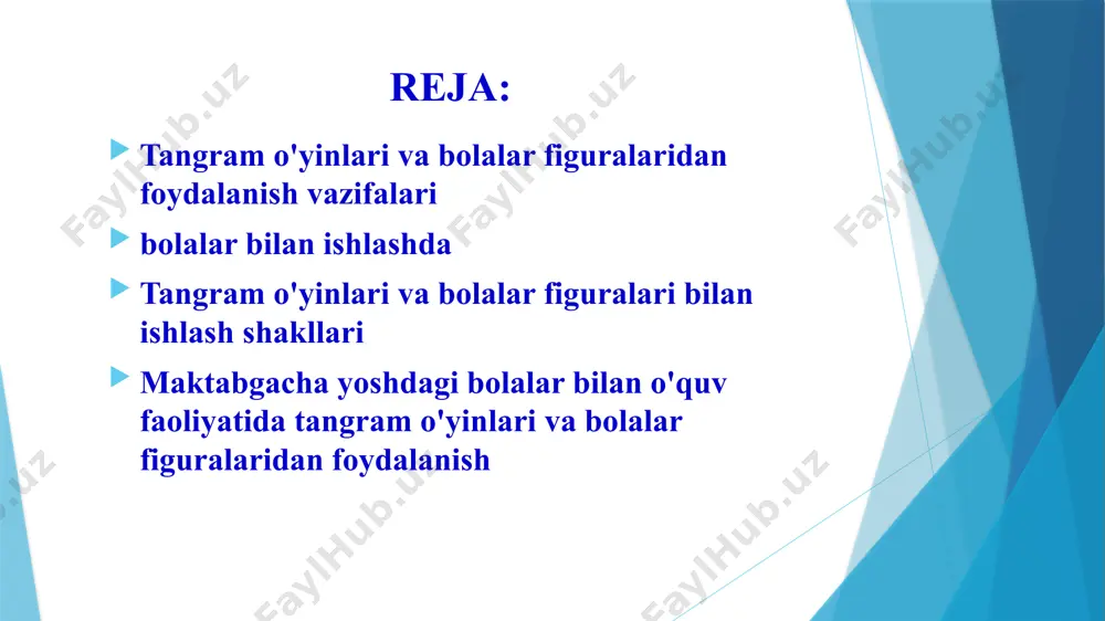 mahorat plansheti" degan ma'noni anglatadi bu boshqa, yanada murakkabroq figurani (odam, hayvon, uy-ro'zg'or buyumlari, harf yoki raqam tasvirlangan) olish uchun ma'lum bir tarzda katlanmış ettita tekis figuradan iborat jumboq. va hokazo).olingan shakl odatda siluet yoki tashqi kontur shaklida beriladi. to`plam- material to'rtta xususiyatga ko'ra farq qiluvchi 48 ta mantiqiy bloklar to'plamidir: shakl - dumaloq, kvadrat, uchburchak, to'rtburchaklar. ranglar - qizil, sariq, ko'k. hajmi - katta va kichik. qalin - qalin va ingichka. to'plamda bir xil shakllar mavjud emas. har bir geometrik shakl to'rtta xususiyat bilan tavsiflanadi: shakli, rangi, o'lchami, qalinligi. d'yonesh bloklari bilan deyarli barcha o'yinlar va mashg'ulotlar turli yoshdagi bolalar bilan ishlashda ularning rivojlanish darajasiga qarab ishlatilishi mumkin. qiyinchiliklarni bosqichma-bosqich oshirish tamoyiliga ko'ra, bolalar rasmni oddiy manipulyatsiya qilish orqali materialni o'zlashtirishni boshlashlari nazarda tutilgan. bolalarga mantiqiy bloklar bilan mustaqil ravishda tanishish imkoniyatini berish kerak. bloklarni manipulyatsiya qilish jarayonida bolalar ularning shakli, rangi, o'lchami, qalinligi boshqacha ekanligini aniqlaydilar. ko'rinish, izchillik …