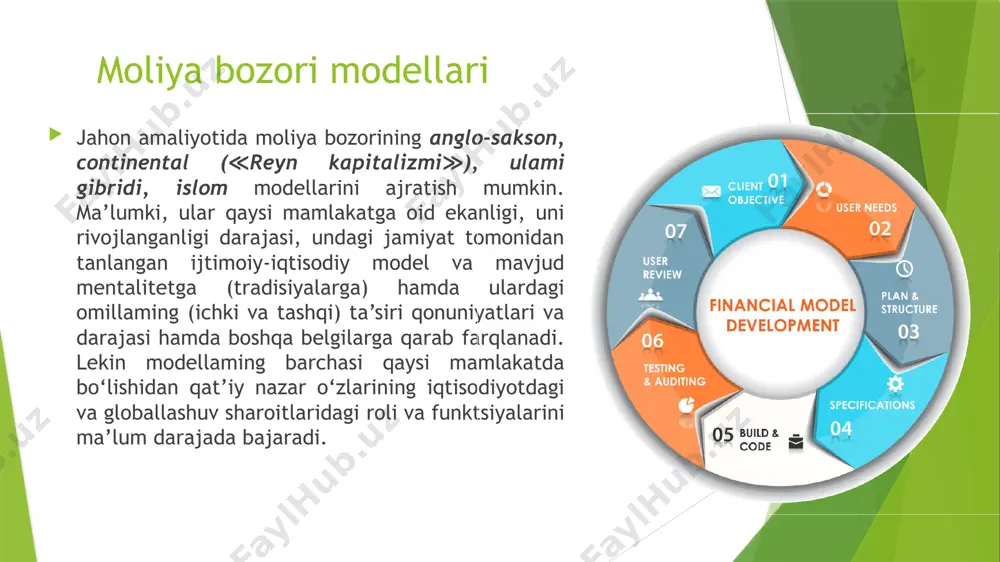 rlar ustun); 2) moliyalashtirishning ulush kiritish usulini qarz usulidan ustunligi bilan tavsiflanuvchi model (bunda aksiyalar bozori tarmoqiy tuzilmaga ega, chakana mayda investorlar ustun). moliya bozori modellarini nazariy jihatdan quyidagi belgilar negizida ajratish mumkin: - mamlakat iqtisodiyoti modelini tuzilishi; - mamlakat aholisining tradision ma’naviy boyliklari ukladi. mamlakat iqtisodiyoti modelini tuzilishiga asoslangan moliya bozori modellari markazlashgan (direktiv) iqtisodiyotga xos moliya bozori modeli. direktiv iqtisodiyot pul oqimlari va xalqaro kapitallar bozorlariga integrasiyalashuvi nuqtai nazaridan yopiq hisoblanadi. bunday iqtisodiyotning asosiy shiorlari markazlashtirishga qaratilgan boiib quyidagilami anglatadi: ≪moliyaviy barqarorlashtirish≫, ≪pul resurslarini konvertasiyalash≫, ≪spekulyasiyani yo‘q qilish≫, ≪inqirozga yuz tutgan tarmoqlami davlat tomonidan qoilab-quvvatlash≫, ≪pul oqimlarini optimallashtirish≫, ≪yagona partiyaning hukmronligi va yoiboshchiligi≫. bulardan asosiy maqsad - davlatga tegishli ≪buyruqbozlik direktiv cho‘qqilami≫ kuchaytirishdan iborat. natijada, markazlashgan iqtisodiyotda davlat mulki, markazlashgan tarzda xo'jalik qarorlarini qabul qilish, monobank tizimi hukmron boiadi. monobank tizimida barcha pul resurslari va moliya-kredit munosabatlar davlatlash-tiriladi. umuman olganda markazlashgan direktiv iqtisodiyotda erkin ≪moliya bozori≫ boimaydi, chunki …