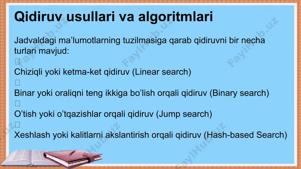 agar kerakli ma’lumot yo’q bo’lsa, u holda ikkita ishni amalga oshirish mumkin: chiziqli yoki ketma-ket qidiruv (linear search) izoh: algoritmdan ixtiyoriy tartibda joylashgan maʼlumotlar jadvalida foydalanish mumkin. algoritm g’oyasi: ma’lumotlarning birinchi elementidan oxirgi ementiga qadar ketma-ket qarab chiqiladi va har qadamda element qidirilayotgan kalit bilan taqqoslanadi. agar element kalitga mos bo’lsa jarayon to’xtatiladi. agar oxirgi element ko’rib chiqilganda jarayon to’xtatilmagan bo’lsa u xolatda ma’lumot topilmaganligini anglatadi. binar yoki oraliqni teng ikkiga bo’lish orqali qidiruv (binary search) binar yoki oraliqni teng ikkiga bo’lish orqali qidiruv (binary search) int linearsearch(int arr[], int n, int kalit){ for(int i = 0; i,n;i++){ if(arr[i] == kalit){ return i; } } return -1; } linearni qidiruv algoritmi, ma'lum bir qiymatni topish uchun ro'yxatni boshidan boshlab oxirigacha qarab qidiruvni bajaruvchi odatiy algoritmdir. qidiruvni bajarish jarayoni quyidagicha: boshlang'ich holatda, maqsad qidirilayotgan qiymat ro'yxatning boshida joylashgan. har bir elementni keyingi element bilan solishtirib borish. agar solishtirilayotgan qiymat topilmasa, qidiruv …