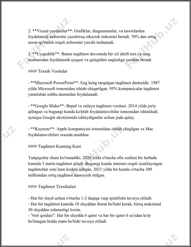qo'shish imkoniyatlari mavjud. bu foydalanuvchilarga taqdimotni o'qish emas, balki uni tinglovchilarga ta'sirli tarzda namoyish qilishda yordam beradi. powerpoint dasturi, shuningdek, bulutli saqlash imkoniyatlari bilan ham birga ishlaydi. microsoft onedrive orqali hujjatlarni saqlash va ulashish, shuningdek, internet orqali hamkorlar bilan birgalikda ishlashga imkon beradi. ushbu dasturda qo'llaniladigan animatsiya effektlari taqdimotni yanada dinamik va qiziqarli qilish imkonini beradi. foydalanuvchilar slaydlar o'rtasida o'tish effektlarini sozlashlari va slaydlardagi elementlar uchun animatsiya variantlarini qo'shishlari mumkin. powerpoint dasturining mobil versiyalari android va ios platformalarida ham mavjud bo'lib, foydalanuvchilar har qanday joyda taqdimotlarni yaratish va tahrirlash imkoniga ega. bu esa foydalanuvchilarga portativ ish muhitini ta'minlaydi. yuqoridagi har bir element va raqam powerpoint dasturining imkoniyatlari va undan qanday samarali foydalanish mumkinligi haqida tushuncha berishga yordam beradi. 3. google slides bilan ishlash asoslari albatta, men sizga "google slides bilan ishlash asoslari" mavzusida 500 so'zdan iborat ma'lumot beraman. --- google slides - bu google tomonidan ishlab chiqilgan onlayn prezentatsiya vositasi …