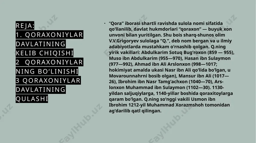 rqiy turkiston o’lkalarida ix asrning ikkinchi yarmida turli turkiy qavmlar, elatlarning o’zaro birikuvi natijasida va qo’shiluvi davomida qoraxoniylar davlati tashkil topdi. bu davlat hukmdorlari «arslonxon» yoki «qoraxon» unvonlari bilan ulug'langan. qoraxon so’zining lug’aviy ma’nosi esa turkiy qabilalarda «ulug’», «buyuk» degan tushunchalarni anglatgan. qoraxon «tamg’achxon» ham deb yuritilgan. bu davlatning qudrati yuksalib, u tez orada katta hududlarni o’z qo’l ostiga kirita boradi. uning poytaxti sharqiy turkistonning bolasog’un shahri bo’lgan. abdulkarim bug’roxon vafotidan keyin (955) uning vorislari davrida markaziy tyan-shan va yettisuv o’lkalari egallanadi. endilikda qoraxoniylar somoniylar hukmronlik qilayotgan movarounnahr yerlarini ham butunlay egallashga kirishadilar. bu davrda somoniylar davlati chuqur ichki ziddiyatlar, sinfiy ixtiloflar orqasida tanglik holatiga tushib qolgan edi. bundan foydalangan qoraxoniylar hukmdorlari - hasan va nasr bug’roxonlar etakchiligidagi qo’shin somoniylar qarshiligini qiyinchiliksiz yengib, ikki bor (992 va 999-yillarda) buxoroni egallaydi, somoniylar sulolasining so’nggi vakili ismoil al-muntasir (1000-1005) hukmronligi barham topdi. oqibatda butun movarounnahr hududlari qoraxoniylar tasarrufiga o’tadi. shu tariqa, qoraxoniylar …