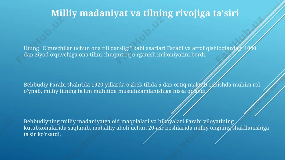 ga imkon beradi. uning "maktab" nomli asarida 12 yillik majburiy ta'lim tizimi, zamonaviy fanlarni o'qitish va bolalarning individual xususiyatlarini hisobga olish g'oyalari bayon etilgan. e'tiboringiz uchun rahmat @taqdimot_robot