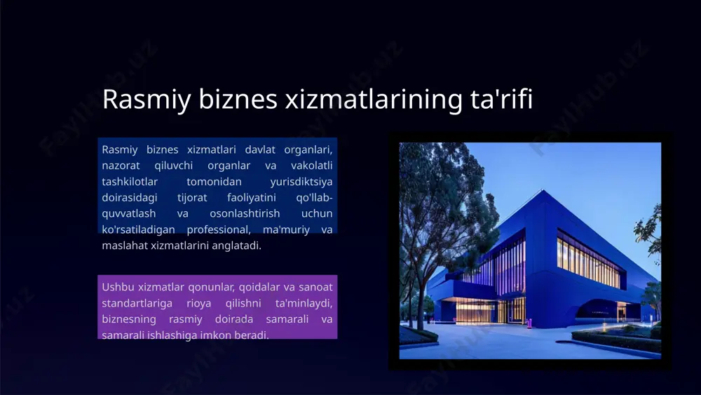 riga muntazam ravishda moliyaviy hisobotlarni va soliq hisobotlarini taqdim etish 3 muvofiqlik tadbirkorlik faoliyatini tartibga soluvchi qonunlar, qoidalar va sanoat standartlariga rioya qilish 4 audit to'g'ri operatsiyalarni va yozuvlarni saqlashni ta'minlash uchun davriy tekshiruvlar va auditlardan o'tish 10 rasmiy biznes xizmatlari bilan bog'liq asosiy jarayonlar odatda ro'yxatga olish, hisobot berish, muvofiqlik va auditni o'z ichiga oladi. ushbu qadamlar biznesning qonuniy va me'yoriy asosda ishlashini, to'g'ri yozuvlarni yuritishini va sanoat standartlarini qo'llab-quvvatlashini ta'minlaydi. rasmiy biznes xizmatlaridan foydalanishning afzalliklari muvofiqlik va ishonchlilik rasmiy biznes xizmatlari qonuniy muvofiqlikni ta'minlaydi va ishonchlilik muhrini ta'minlaydi, mijozlar va hamkorlar bilan ishonchni oshiradi. samaradorlik va mahsuldorlik rasmiy xizmatlardan foydalanish operatsiyalarni soddalashtiradi, vaqtni tejaydi va korxonalarga asosiy faoliyatga e'tibor qaratish imkonini beradi. 12 rasmiy kanallar firibgarlik, xatolar va kechikishlar kabi xavflarni kamaytiradi, tranzaktsiyalar uchun xavfsiz va ishonchli asos yaratadi. kamaytirilgan xavf rasmiy biznes xizmatlari kompaniyalarni maxsus tajriba va resurslarga ega bo'lgan holda bog'laydi, qarorlar qabul qilish va muammolarni …
