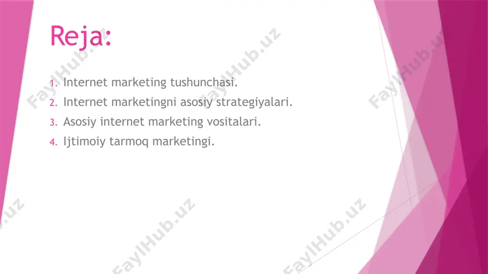 hrif buyuruvchilarni jalb etish; -(display marketing), reklama tekstini tashrif buyuruvchilar tomonidan har bir bosilganligi uchun pul toʻlash(cpp). ijtimoiy tarmoq marketingi. ijtimoiy tarmoqlarning kun sayin keskin rivojlanishi bu tarmoqlar orqali biznes qilish va biznesni rivojlantirish uchun ajoyib imkoniyat yaratib berdi. smm biznesdagi brendni yaratish, rivojlantirish, undagi mahsulot va xizmatlarni sotish sonini ko‘paytirish, mijozlarni veb-saytga o‘tishini oshirish uchun odamlar foydalanadigan tarmoqlardan, facebook, instagram, youtube, telegram, unumli foydalanishdir. 20 yil ichida, 2004-yildan (ilk ijtimoiy tarmoqlar ayni shu yili ommalasha boshlagan) 2024-yilgacha, ijtimoiy tarmoqlardagi maʼlumotlar va biznesni rivojlantiradigan reklamalarning ko‘payishi ijtimoiy tarmoqlarni hatto televidenie va radiodan ham ko‘proq foydalanilishiga sabab bo‘lyapti. bu ijtimoiy tarmoqlardagi reklama eʼlonlarini odatdagi televidenie va radiolardagi reklama eʼlonlaridan samaradorliroq ekanini anglatadi. umuman dunyo aholisini 62.3 foizi yoki 5.04 milliard kishining ijtimoiy tarmoq ishlatishi so‘zimizga dalil bo‘la oladi. 2023-yilda 30 milliondan oshiq o‘zbekistonlik foydalanuvchi telegram tarmog‘ida, 18 milliondan oshiq fuqarolar odnoklassniki tarmog‘ida, 10 milliondan ziyodi youtubeʼda, 7 milliondan oshiq o‘zbeklar esa …