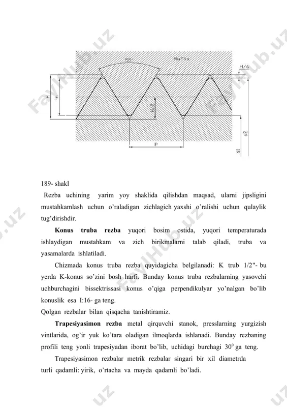 yoy, yuqoridagi gorizontal chiziqqa urinma bo’ladi. gayka. gaykalar olti, yoqli, kvadrat va gayka-barashka turida tayyorlanadi. olti yoqli gaykalar - oddiy, o’yiqli, yupqa va qalin faskali qilib tayyorlanadi. qalin gaykalar – o’q bo’yicha zoriqish ko’p bo’lgan hollarda ishlatiladi. gaykani faskasini chizish, huddi bo’lt kallagi faskasini chizishga o’hshaydi. gaykani chizishda, oldin gorizontal proyeksiyada diametri d=2d teng bo’lgan aylana chizib, uni olti bo’lakka bo’lish va har bir h nuqtadan frontal va profil proyeksiyalarga olib chiqib, balandligi h=0,8d ga teng bo’lgan to’rt burchak chiziladi. so’ngra, yuqorida aytilganidek faska chizig’i chiziladi. shpil’kali brikmalar. shpilka ikki uchi rezbali bo’lib, bir tomoni bilan detalga buraladi, ikkinchi detal teshigidan chiqib turgan tomoniga avval shayba joylashtirilib, so’ngra gayka buraladi. shpilkalar, bo’ltlarni ishlatish maqsadga muvofiq bo’lmagan joylarda (qalin detallarda) ishlatiladi. shpilkaning ikkala uchidagi rezbasi yirik yoki mayda metrik rezba bo’lishi mumkin. tashqi ko’rinishiga qarab shpilkalar quyidagicha bo’ladi: a – tipidagi o’yiqsiz shpilkalar. b – tipidagi o’yiqli shpilkalar. shpilkaning detalga burab …