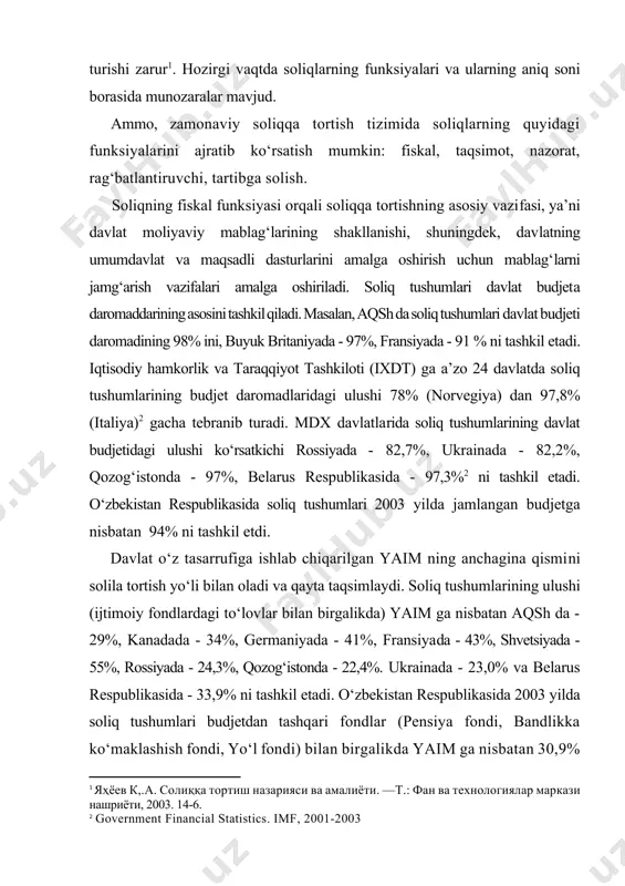 hkil etadi. iqtisodiy hamkorlik va taraqqiyot tashkiloti (ixdt) ga a’zo 24 davlatda soliq tushumlarining budjet daromadlaridagi ulushi 78% (norvegiya) dan 97,8% (italiya)[footnoteref:2] gacha tebranib turadi. mdx davlatlarida soliq tushumlarining davlat budjetidagi ulushi ko‘rsatkichi rossiyada - 82,7%, ukrainada - 82,2%, qozog‘istonda - 97%, belarus respublikasida - 97,3%2 ni tashkil etadi. o‘zbekistan respublikasida soliq tushumlari 2003 yilda jamlangan budjetga nisbatan 94% ni tashkil etdi. [2: government financial statistics. imf, 2001-2003] davlat o‘z tasarrufiga ishlab chiqarilgan yaim ning anchagina qismini solila tortish yo‘li bilan oladi va qayta taqsimlaydi. soliq tushumlarining ulushi (ijtimoiy fondlardagi to‘lovlar bilan birgalikda) yaim ga nisbatan aqsh da - 29%, kanadada - 34%, germaniyada - 41%, fransiyada - 43%, shvetsiyada - 55%, rossiyada - 24,3%, qozog‘istonda - 22,4%. ukrainada - 23,0% va belarus respublikasida - 33,9% ni tashkil etadi. o‘zbekistan respublikasida 2003 yilda soliq tushumlari budjetdan tashqari fondlar (pensiya fondi, bandlikka ko‘maklashish fondi, yo‘l fondi) bilan birgalikda yaim ga nisbatan …