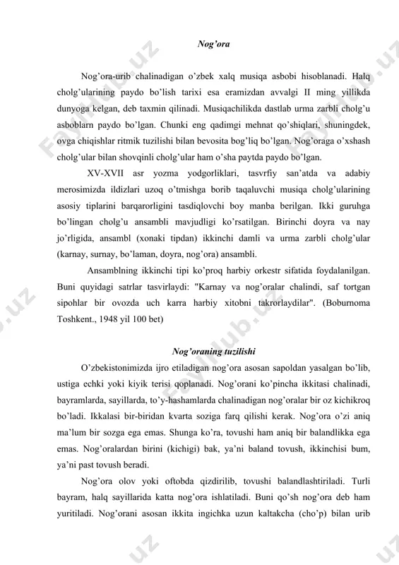 rada asosan ikkita tovush (bak va bum) bulganligi uchun, buning notalari bir chiziqda quyidagiga yoziladi. chiziq tagidagi notalar bum, ustidagi notalar esa bak tovushini bildiradi. nog’ora o’zbekistondan tashqari tojikiston, qirg’iziston va halqlarda ham qo’llaniladi. surnay chalganda usulni nog’ora bilan saqlaydilar. nog’ora usullaridan biri "shodyona" usulidir. safoyil. safoyil- musiqa asbobi xitoy, uyg’ur xalš cholg’u asbob sifatida keng tarqalgan musiqa cholg’usidir. safoyil cholg’usining ko’pincha raqsona, marshona kuylarda uchratish mumkin. uyg’ur xalq raqslarida ham keng qo’llaniladigan musiqa cholg’usi hisoblanadn. o’zbekiston va tojikistonda bu cholg’u asbobi keng qo’llanilib kelmoqda. safoyil musiqa asbobi, tuzilishidan shiqildoqli urma zarbli cholg’u asbobi guruhiga kiradi. safoyil ikki bo’lak kattiq yog’och kaltakchasidan iborat bo’lib, bu kaltakcha mayda temir halqachalar taqilgan katta temir xalqachaga o’rnashtiriladi. safoyilni silkitib yelkaga urib shovqinli, turli xil murakkab tovush chiqarishadi. ikkita kaltakchasini uzunligi 400 mm ni tashkil etadi. safoyil cholg’uchisi yelkaga urib va havoda tebratib har xil kerakli usullarni chiqaradi. "soqiynoma" va "qashqarcha" kuylarida ham safoyil …
