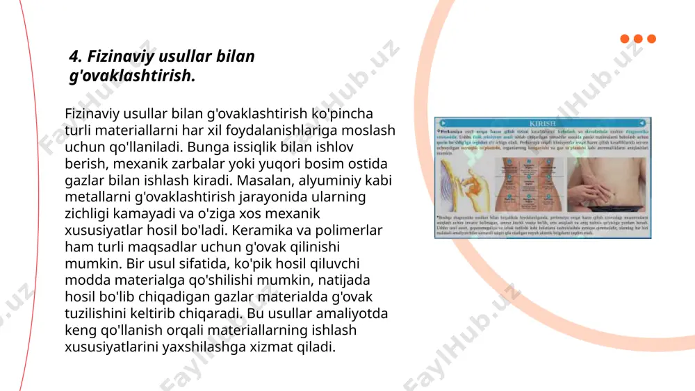 laydai_bot polimerlarni g'ovaklashtirish usullari bir nechta turli usullarni o'z ichiga oladi. ularda kimyoviy va fizik jarayonlar qo'llaniladi. kimyoviy usullarga ko'piklantiruvchi moddalar yordamida hosil qilish kiradi, bu moddalarning parchalanishi natijasida gaz hosil bo'ladi va polimer matritsasida g'ovaklar hosil bo'ladi. fizik usullarga esa gazni polimer eritmasiga quvvat orqali chiqarish kiradi. shuningdek, superkritik co2 yordamida g'ovak hosil qilish usuli ham keng qo'llaniladi. ushbu usullar bilan turli o'lcham va xususiyatdagi g'ovakli materiallar olish mumkin, bu ularning qo'llanish imkoniyatlarini kengaytiradi. g'ovakli polimerlar ko'pincha izolyatsiya materiallari, filtrlar va biotibbiyotda qo'llaniladi. ... t.me/slaydai_bot metallarning g'ovaklashtirish texnologiyasi metallarning tuzilishini o'zgartirib, ularga yengillik va issiqlik izolyatsiyasi xususiyatlarini beradi. bu jarayon ko'pincha alyuminiy va titanium kabi metallda qo'llaniladi. g'ovaklashtirish metallarni eritish, kukun tayyorlash va maxsus kalıplarda shakllantirish orqali amalga oshiriladi. harorat va bosim parametrlarini boshqarish orqali g'ovaklanish darajasi nazorat qilinadi. natijada, materiallar o'zgartirilgan mexanik xususiyatlarga ega bo'lib, aviatsiya, avtomobilsozlik va qurilish sanoatida keng qo'llaniladi. to'qimalarning yengilligi va qat'iyati bilan ajralib …
