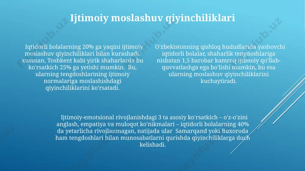 esa o'quv jarayoniga salbiy ta'sir ko'rsatishi mumkin, xususan andijon tumanlarida. gifted bolalar, o'z tengdoshlariga nisbatan 2-3 baravar tezroq hissiy jihatdan yetuklashishi mumkin, ammo bu rivojlanishning notekisligi va hissiy o'zgarishlar, masalan, depressiya va tashvish holatlariga olib kelishi mumka, samarqand viloyatida o'tkazilgan tadqiqotlar shuni ko'rsatdi. oilaviy muammolar iqtidorli bolalar orasida 15 yoshgacha bo'lganlarning 10%ida ruhiy-emotsional taranglik kuzatiladi, bu esa stress va depressiya kabi jiddiy muammolarga olib kelishi mumkin, ayniqsa farg'ona vodiysidagi qishloq maktablarida. respublika miqyosida o'tkazilgan tadqiqotlar shuni ko'rsatdiki, iqtidorli bolalarning 30% dan ortig'i ijtimoiy moslashuv muammolari bilan kurashmoqda, bu esa ularning o'z tengdoshlari bilan munosabatlariga salbiy ta'sir ko'rsatadi va samarqand viloyatida bu ko'rsatkich yuqoriroq. o'quvchilarning 20% gacha bo'lgan qismi, ayniqsa toshkent kabi yirik shaharlardagi maktablarda, o'zlarining yuqori intellektual salohiyatlarini ro'yobga chiqarishda qiyinchiliklarga duch kelishadi, bu esa ularning o'qishga bo'lgan qiziqishlarining pasayishiga olib kelishi mumkin. o'ziga xos qobiliyatlarning e'tiborsiz qolishi iqtidorli bolalarni aniqlash va ular bilan ishlash uchun diagnostika vositalari va testlarning …