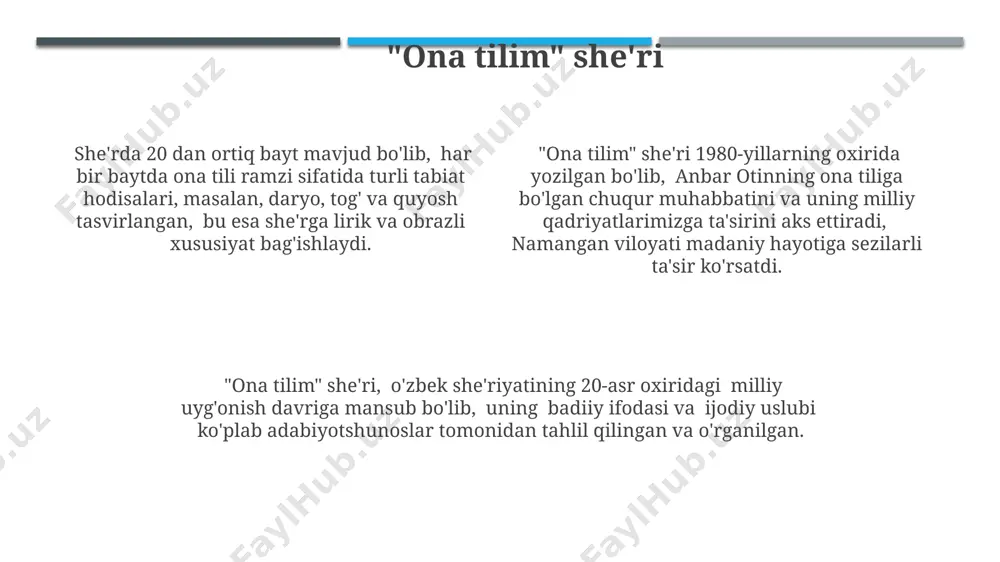 тошкент ва бошқа вилоятлардаги адабий нашрларда чоп этилган. "o'tgan kunlar" romani roman 3 qismdan iborat bo‘lib, jami 200 dan ortiq sahifalardan tashkil topgan va 19-asr oxiri – 20-asr boshlarida yashovchi odamlarning hayotini aks ettiradi. “o‘tgan kunlar”da jumladan, boy-badavlat kumushxonim va uning oila a’zolari, dehqonlar va savdogarlar kabi turli ijtimoiy qatlamlar vakillari hayoti 150 ga yaqin personaj orqali tasvirlangan. “o‘tgan kunlar” romani 1910-yilda yozilgan bo‘lib, abdulla qodiriyning asosiy asarlaridan biri hisoblanadi va toshkent shahri va uning atroflaridagi voqealarni tasvirlaydi. "yorqin yulduz" she'ri she'rda 5 dan ortiq bayt mavjud bo'lib, qofiya va vazn jihatidan klassik she'riyat an'analariga amal qilinadi, uning lirik qahramoni o'z his-tuyg'ularini chuqur ifoda etadi. "yorqin yulduz" she'ri o'zbek adabiyoti tarixida yoshlik, muhabbat va orzular mavzusini 20-asrning ikkinchi yarmida ifodalovchi muhim asarlardan biri hisoblanadi. "yorqin yulduz" she'ri anbar otinning 1970-yillarga to'g'ri keladigan ijod davriga mansub bo'lib, samarqand viloyatining tabiat manzaralari va insoniy tuyg'ularning uyg'unligini aks ettiradi. adabiy merosi "адабий мероси"даги …