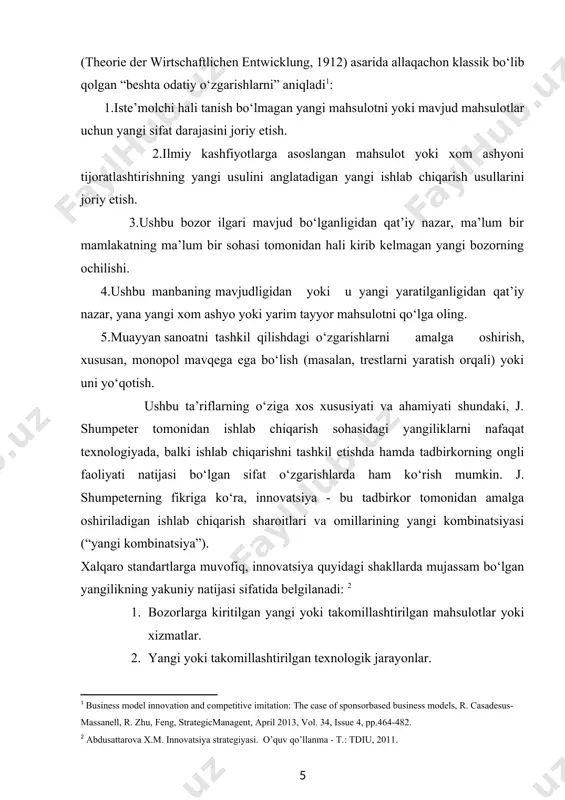 kompaniyalarda amalga oshiriladi. kompaniyalarning innovatsion faoliyati darajasini baholash hisobotlarni tuzish, seminarlar yoki ichki benchmarking (ya’ni o‘zini benchmark bilan taqqoslash) o‘tkazish, tashqi maslahatchilarni jalb qilish orqali amalga oshirilishi mumkin. korporativ baholashda kompaniyadagi innovatsiyalarning bir necha jihatlari, xususan, moliyaviy natijalarni baholash, innovatsion jarayonlarning samaradorligi, xodimlarning qaytishi va motivatsiya darajasi, shuningdek iste’molchilar uchun yaratilgan qiymat bilan bog‘liq bo‘lgan muvozanatli ko‘rsatkichlar falsafasidan faol foydalaniladi. siyosiy darajada innovatsiyalarni baholash ko‘proq ma’lum bir yangiliklarga asoslangan mamlakat yoki mintaqaning raqobatbardosh afzalliklariga qaratilgan. rivojlanish uchun iqtisodiy hamkorlik tashkiloti (oecd) tomonidan yaratilgan oslo qo‘llanmasida (1992) mahsulot va jarayonlar innovatsiyalarini baholash uchun standartlashtirilgan metodologiyalar mavjud. mazkur oslo qo‘llanma frascati (1963) bir hujjatga qo‘shimcha hujjat deb qaraladi ya’ni, tadqiqot va rivojlantirish (r & d) statistika yig‘ish metodologiyasi uchun asos vazifasini bajaradi. siyosiy darajada innovatsiyalarni baholash ko‘proq ma’lum bir yangiliklarga asoslangan mamlakat yoki mintaqaning raqobatbardosh afzalliklariga qaratilgan. rivojlanish uchun iqtisodiy hamkorlik tashkiloti (oecd) tomonidan yaratilgan oslo qo‘llanmasining (1992) mahsulot va jarayonlar innovatsiyalarini …