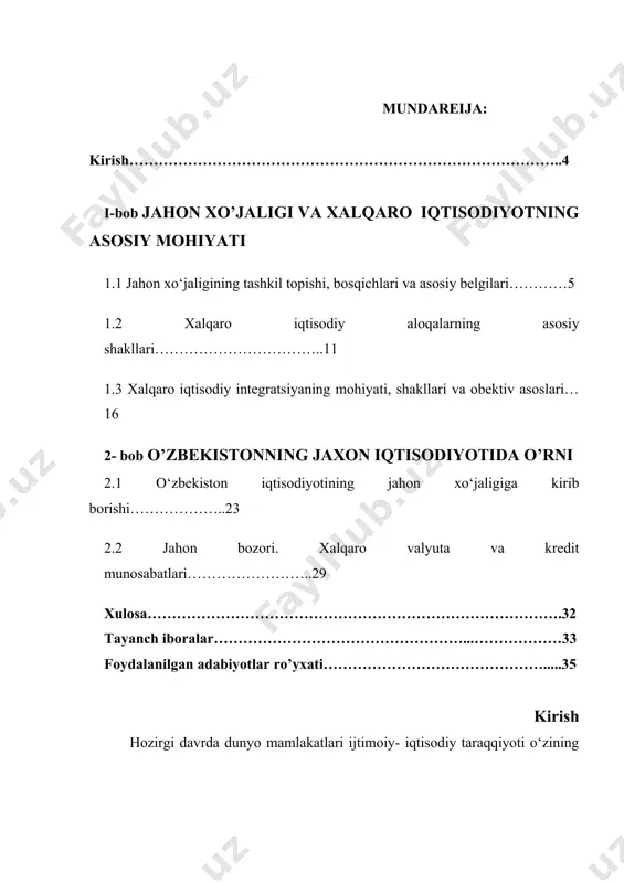 ing muhim omili hisoblanadi. jahon iqtisodiyotida kechayotgan murakkab jarayonlar iqtisodiyotni barqaror rivojlantirish, raqobatbardoshligini oshirish uchun uning tarkibiy tuzilishini muttasil takomillashtirib borish zaruratini yanada kuchaytirdi. mamlakatning raqobatbardoshligi eng avvalo uning iqtisodiyoti raqobatbardoshligi orqali ifodalanadi. bu esa bevosita tashqi iqtisodiy faoliyat sohasidagi siyosat instrumentlariga taqaladi. kurs ishining asosiy maqsadi jahon xo’jaligini, xalqaro iqtisodiy munosabatlarni iqtisodiy jihatdan yoritib berish, hamda bu sohadagi muammolar va ularning yechimlari yuzasidan amaliy takliflar va tavsiyalarni berishdan iborat. ushbu kurs ishining obyekti milliy iqtisodiyotlar, transmilliy korporatsiyalar (tmk), integratsion birlashmalar, xalqaro iqtisodiy tashkilotlar hisoblanadi. o’zbekiston tashqi savdo faoliyati kurs ishining predmetini ifodalaydi. kurs ishi bir qator xorijiy va mahalliy iqtisodchi olimlar hamda mutaxassislarning jaxon xo’jaligi, xalqaro iqtisodiyotga bag‘ishlangan asarlari va ilmiy ishlaridan foydalanilgan.turli mamlakatlar miliy iqtisodiyotining bozor munosabatlari zamirida bir-birni taqazo etgani holda umum jahon yaxlitligni tashkil etshi jaxondagi o’zaro aloqador milliy xo’jaliklar va xalqaro iqtisodiy munosabatlar majmui.jahon bozori iqtisodiyoti rivojining maxsuli sifatida 19-asirning oxiri 20-asir boshlarida shakillandi.xalqaro mexnat …