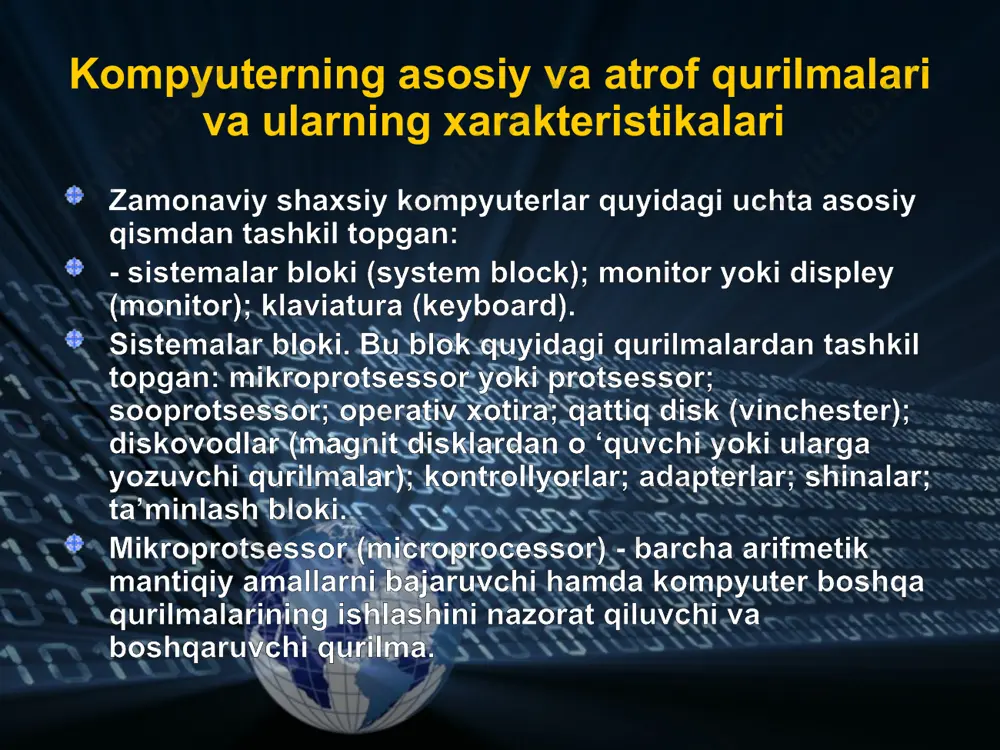 rilmalar bilan bog`lashga hamda ularning ishlashini bir-biriga moslashtirishga xizmat qiluvchi aloqa qurilmasi.adapterlar quyidagi turlarga bolinadi: 1) parallel portlar (parallel port) adapterlari. bu portlarga odatda printerlar ulanadi. portlarning nomlari lpt1, lpt2, lpt3 va lpt4; 2) asinxron ketma-ket portlar (serial port) adapterlari. bu portlarga asosan “sichqoncha”, modemlar ulanadi. portlarning nomlari comi, com2 va com3. 3) kompyuter o ‘yinlari uchun ajratilgan port (game port) adapteri. bu portga o ‘yinlarni boshqaruvchi qurilma - joystik ulanadi. shinalar shinalar (bus) - kontrollyorlar va adapterlarni mikroprotsessor hamda operativ xotira bilan bog io v ch i aloqa uzatish magistrali. asosan ibm firmasi tomonidan ishlab chiqilgan isa, mca, eisa, vesa hamda intel firmasi tomonidan ishlab chiqilayotgan pci shinalari qoilaniladi. ta'minlash bloki (power supply unit) - o ‘zgaruvchan elektr tokini kerakli kuchlanishdagi o ‘zgarmas tokga aylantirib, elektron sxemalarga uzatuvchi qurilma. monitor (displey)lar matnli va grafik maiumotlami ekranda aks ettirishga xizmat qiladi. oq-qora tasvirli(monoxrom) hamda rangli monitorlarga boiinadi. ekranining standart kattaligi-diagonalining …