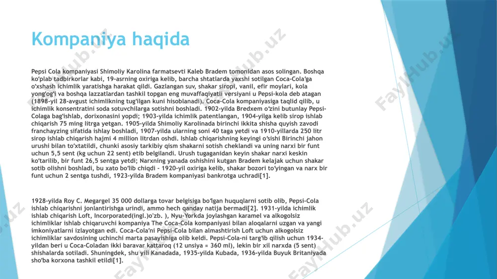 m. kendall, 1921-2020) 1963-yildan 1986-yilgacha pepsico kompaniyasining bosh ijrochi direktori boʻlgan, undan oldin, 1959-yildan kompaniyaning xalqaro boʻlinmasini boshqargan[4]. jon skalli (inglizcha: john sculley, b. 1939-yil 6-aprel) 1977-yildan 1983-yilgacha pepsico prezidenti boʻlgan. ueyn kallouey (inglizcha: d. wayne calloway, 1935-1998) -1986-yildan 1996-yilgacha pepsico kompaniyasining bosh ijrochi direktori[14]. rojer enriko (inglizcha: roger enrico, 1944-2016) - 1996-yildan 2001-yilgacha ijrochi direktor[15]. stiven reynmund (inglizcha: steven reinemund, b. 1948ʻyil 6-aprel) - 2001-yildan 2006-yilgacha boshqaruv raisi va bosh ijrochi direktor[16]. indra nooyi (inglizcha: indra nooyi - 2007ʻyildan 2019-yilgacha pepsico direktorlar kengashi raisi, 2006-yildan 2018-yil oktabrigacha bosh ijrochi direktor lavozimida ham ishlagan; 2000-yildan beri u bosh moliya direktori, 2001-yildan - kompaniya prezidenti, 1994-yildan pepsico. 2015-yil aprel oyidan boshlab, shuningdek, schlumberger direktorlar kengashi aʼzosi[16]. faoliyati frito-lay shimoliy amerika (flna) - shimoliy amerikada layʼs, doritos, cheetos, tostitos, fritos, ruffles, santitas brendlari ostida gazaklar, shuningdek, strauss group bilan qoʻshma korxonada sabra brendi ostida sovitilgan souslar ishlab chiqarish va sotish. 40 ta …