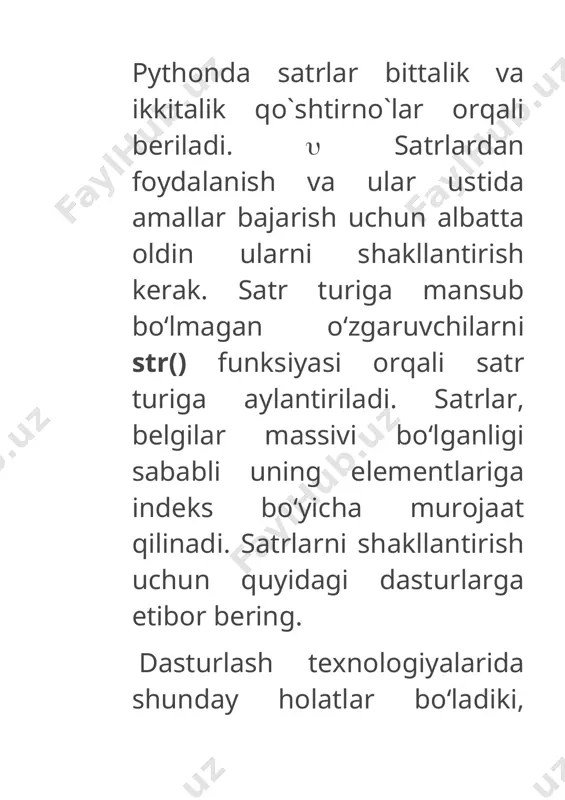! dear pupil. welcome. pythonda bitta so‘zni ekranga bir necha marta chiqarish imkoniyati mavjud bo‘lib, buning uchun uni bir marta yozishning o‘zi kifoya. >>> a = ‘hello!’ >>> print(a * 10) hello! hello! hello! hello! hello! hello! hello! hello! hello! hello! qism satrlarni belgilash satrdagi har bir belgining o‘z raqami bo‘lib, u belgining turgan o‘rnini anglatadi. bunday raqam belgining turgan o‘rnini aniqlash yoki uni satrdan qirqib olish uchun kerak bo‘ladi. pythonda satrdagi belgilarni raqamlash 0 dan boshlanadi va bu raqam indeks deb ataladi. satrdan nafaqat belgi, balki qism satrni ham qirqib olish mumkin. buning uchun quyidagi sintaksisdan foydalanamiz: a[index] – a satrdagi indexda turgan belgini qirqib oladi. a[:end] – a satrdan 0 indeksdan boshlab end indeksgacha bo‘lgan belgilar ketma- ketligini qirqib oladi; a[start:end] – a satrdan start indeksdan boshlab end indeksgacha bo‘lgan belgilar ketma-ketligini qirqib oladi; a[start:] – a satrdan start indeksdan boshlab oxirigacha bo‘lgan belgilar ketma- ketligini qirqib oladi; …