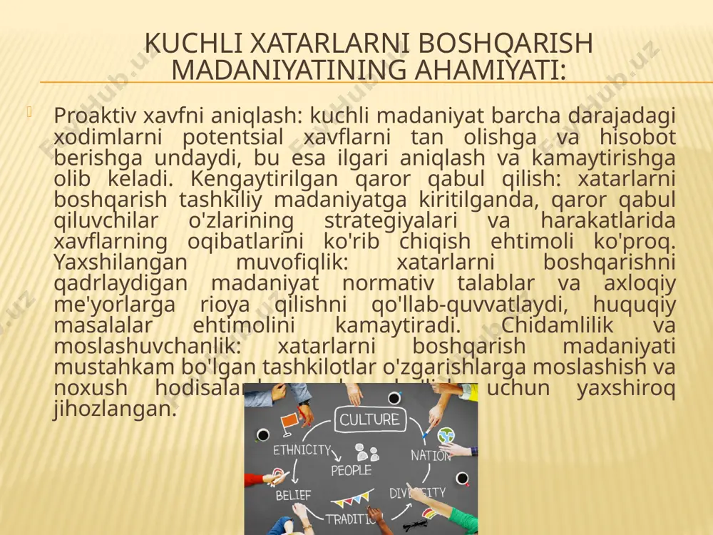 qo'yishi mumkin. xulosa: kuchli xatarlarni boshqarish madaniyati korxonalar uchun noaniqliklarni samarali boshqarish va ularning barqarorligini oshirish uchun juda muhimdir. xavf haqida xabardorlik, aloqa va hisobdorlikni birinchi o'ringa qo'yadigan madaniyatni rivojlantirish orqali tashkilotlar xavflarni boshqarish va strategik maqsadlariga erishish qobiliyatini oshirishi mumkin. e’tiboringiz uchun rahmat! image3.jpeg image4.png image5.png image6.jpeg image7.jpeg image8.png image9.jpeg image10.jpeg image11.jpeg /docprops/thumbnail.jpeg