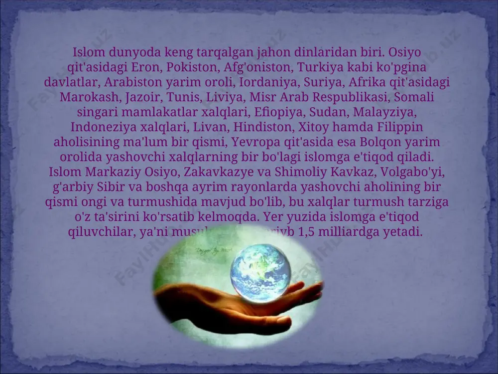 hi omildir. islom nufuzining ortishida ommaviy axborot vositalarining roli katta bo'ldi. mamlakatning katta-katta shaharlarida hojilarni qabul qilish uchun yangi avtomobil yo'llari, aeroport, mehmonxonalar qurildi. islomning tasavvuf yo`nalishidagi ta`limoti mazmun-mohiyatida ma`naviy yetuk, komil inson – nafs ehtiyojlariga tobe bo`lmagan, aqlni ustun qo`yuvchi, fayzu karomatga boy, ezgulikka intiluvchi, rahmdil, hozirgi vaqtda mintaqa xalqlari hayoti va kishilarning ma`naviy – axloqiy qarashlari shakllanishida islom dinining o`rni va ahamiyatining o`sishi haqida fikr yuritilsa, islom falsafasida ma`naviy-ma`rifiy, ahloqiy omil jamiyat rivojida yetakchi o`ringa qo`yiladi. shuning uchun mintaqamizda islom ma`naviyati va ma`rifati milliy qadriyatlarimiz bilan yashaydigan turon zamin xalqlarining dunyoqarashi, e`tiqodi, ibodati, ma`naviy-ahloqiy hayoti, ijtimoiy va insoniy munosabatlarda islom tarbiyasi ijobiy inqilob yasab, yangi davrni boshlagan ma`naviy omil hisoblanadi. bu g`oyalar qur`oni karim va hadisi sharifda yaqqol namoyon bo`ldi. mustaqillik tufayli o`zligimizni anglayotgan, an`anaviy qadriyatlarimizni qayta tiklayotgan hozirgi vaqtda g`urur bilan bemalol aytishimiz mumkinki, ota-bobolarimiz dini, imoni, e`tiqodi, vijdoni bo`lib kelgan islom dinimiz o`ziga xos o`zbekona urf-odatlar …