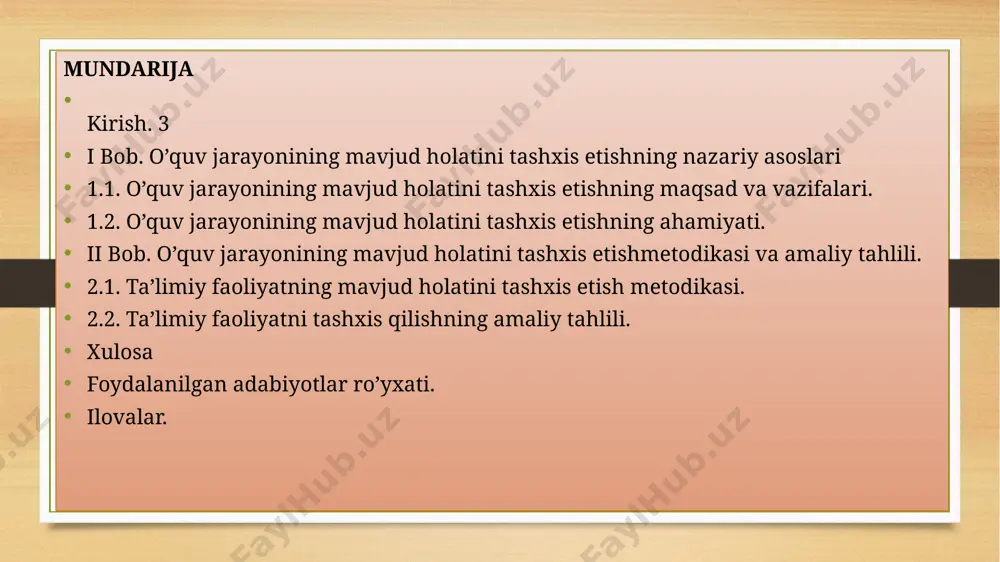 a tatbiq etish va an’anaviy metodikalarni qulaylik va kamchiliklarini tahlil etish.amaliyot jarayonida sinovdan o’tkazilgan metodlarni pedagogic jamoa bilan taahlil qilish. kurs ishining ob`ekti.o’quv jarayoning mavjud holati. kurs ishining predmeti: o’quv jarayonining mavjud holatini tashxis etish metodikalari. kurs ishining vazifalari: o’quv jarayonining mavjud holatini tashxis etishning nazariy asoslari ta’limiy faoliyatning mavjud holatini tashxis etish metodikasi ta’limiy faoliyatni tashxis qilishning amaliy tahlili. kurs ishining metodlari. og’zaki, amaliy, kuztish, tajriba , sinov va suhbat. kurs ishining metodologik asoslari. o‘zbekiston respublikasi konstitutsiyasi, o‘zbekiston respublikasining “ta’lim to‘g‘risida”gi qonuni, o‘zbekiston respublikasi prezidentining 2019 yil 8 maydagi “o‘zbekiston respublikasi maktabgacha ta’lim tizimini 2030 yilgacha rivojlantirish konsepsiyasini tasdiqlash to‘g‘risida”gi qarori o’zbekison prezident sh.mirziyoyevning asarlarida mavzu yuzasidan ilgari surilgan g‘oyalar, “maktabgacha ta’limda pedagogic diagnostika va korreksiya” o’quv majmuasi, mavzuga oid manbalar. kurs ishining nazariy ahamiyati: ushbu mavzu yuzasidan o’rganilgan bilimlar natijasida olingan ma’lumotlar va ularning amaliyot jarayonida maktabgacha ta’lim tashkilotlarida turli yosh guuhlarida sinab ko’rish. maktabgacha ta’lim tashkilotlarida o’quv …