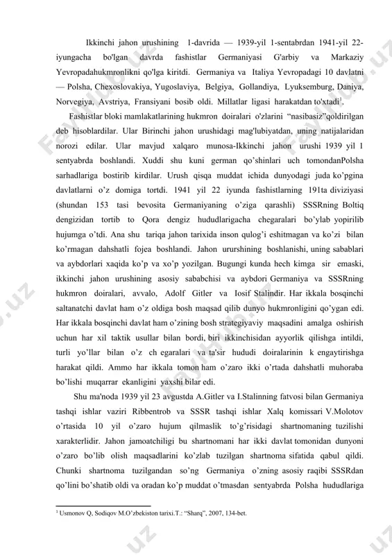 tnoma isbotlaydi. shartnomaga ko’ra germaniya tomoni boltiq bo’yi davlatlari hududlariga (litva hududining bir qismidan tashqari) bo’lgan da'vosidan voz kechishi lozimligi qayd etiladi. buning evaziga sssr germaniyaga 7.500.000 oltin dollar, yoki 31 million 500 ming n emis markasi miqdorida haq to’lashga rozi bo’ladi. 31.5 million nemis markasi miqdoridagi summaning sakkizdan bir qismi yoki 3.937.500 german markasiga sssr tomoni uch oy muddat davomida rangli metallar yetkazib berish, 27.562.500 german markasini 1941 yil 11 fevralgacha oltin hisobida to’lashi shart qilib qo’yildi[footnoteref:2]. [2: shamsutdinov r, karimov sh. vatan tarixi. 3-kitob.t.: “sharq”, 2009, 290-bet.] 1939 yil 23 avgustdagi shartnoma sssrning ham buyuk saltanatchilik manfaatlariga javob berar edi, albatta. birinchidan, sssr ham sulh evazidan o’zining eng asosiy va xavfli raqibi germaniyadan “ko’ngli to’q” bo’ldi. shu bois u o’zining asosiy diqqat e'tiborini uzoq sharqqa qarata olar edi, “sovet ittifoqi uchun,-deb yozishadi g`arbiy germaniyalik tadqiqotchilar m.barch, x.f.shebesh va r.sheppelman. 1939 yilgi vaziyat og’ir edi. u ochiqdan-ochiq dushman qo’shinlari …