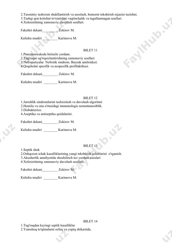 'xtatishni vaqtinchalik va tugallanmagan usullari fakultet dekani_________ zokirov м. кafedra mudiri ________ karimova м. bilet 15 1.travmatologiya asoslarini. 2.hayvonlar, hashoratlar va ilon tishlaganda birinchi tibbiy yordam 3.yurak kasalliklarini zamonaviy tekshirish va davolash uslublarini o'rganish. 4. aseptika va antiseptika qoidalarini. fakultet dekani_________ zokirov м. кafedra mudiri ________ karimova м. bilet 16 1.vegener granulematozi. xorton kasalligi 2.taxminiy tashxisni shakllantirish va asoslash, bemorni tekshirish rejasini tuzishni. 3.tug'ruqni og'riqsizlantirishning zamonaviy usullari. 4.nefropatiyalar. nefrotik sindrom. buyrak amiloidozi. fakultet dekani_________ zokirov м. кafedra mudiri ________ karimova м. bilet 17 1.bo'g'im kasalliklarini tekshirish usullari. 2.pnevmotoraksda birinchi yordam. 3.jarrohlik sindromlarini tashxislash va davolash algoritmi 4.chaqaloqlarda kindikni kesish va birlamchi artib tozalash. fakultet dekani_________ zokirov м. кafedra mudiri ________ karimova м. bilet 18 1.pnevmotoraksda birinchi yordam. 2.tug'ruqni og'riqsizlantirishning zamonaviy usullari. 3.oshqozon osti bezi fermentlarining ta'sir mexanizmi. 4.qoqsholni spesifik va nospesifik profilaktikasi. fakultet dekani_________ zokirov м. кafedra mudiri ________ karimova м. bilet 19 1.pnevmotoraksda birinchi yordam. 2.oshqozon ichak kasalliklarining yangi …