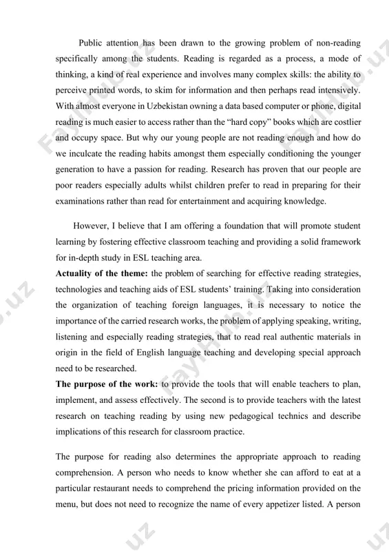 e presented as hypotheses and givens. the object of the graduation work: process of training students to foreign languages as the second important language in our country. the subject of the graduation work: the strategies of improving reading skills and reading approaches. research objective of the graduation work is to examine various theories, methods, approaches and strategies. the graduation work is intended to be a source for esl teachers in providing ideas for ways to incorporate these strategies into their lesson plans. scientific novelty of the project work: identifying strategies in reading for enrich vocabulary knowledge. defining the importance of using effective reading strategies in esl classes, that to differentiate types of texts. defining how reading strategies can be used to support the process of english language learning in esl classes. practical value of the graduation work consists of giving us a better understanding about effective reading strategies and approaches …