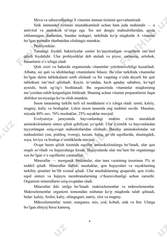 ning minglab qoldiqlari bir-biri bilan bogʻlanib, polisaxarid hosil qiladi: 50 mingga yaqin turli xil oqsillar mavjud. ularning barchasi toʻrt elementdan iborat: uglerod, vodorod, kislorod va azot, ular maʼlum bir tarzda bir-biri bilan qoʻshilib, aminokislotalarni hosil qiladi. aminokislotalarning 20 ta turi mavjud. koʻp miqdordagi aminokislotalardan tashkil topgan birikma polipeptid deb ataladi. kimyoviy tuzilishidagi har bir oqsil polipeptiddir. aksariyat oqsillar oʻrtacha 300-500 aminokislota qoldiqlarini oʻz ichiga oladi. shuni taʼkidlash kerakki, baʼzi bakteriyalar va barcha oʻsimliklar oqsillar qurilgan barcha aminokislotalarni sintez qilishga qodir. vitaminlar — bu organizmning normal oʻsishi, rivojlanishi va metabolizmi uchun zarur boʻlgan organik kimyoviy birikmalar. vitaminlar uglevodlar ham, oqsillar ham, yogʻlar ham emas. ular boshqa kimyoviy elementlardan tashkil topgan va tanani energiya bilan taʼminlamaydi. meva va sabzavotlardagi s vitamini immun tizimini quvvatlantiradi. sink immunitet tizimini mustahkamlash uchun ham juda muhimdir — u antiviral va antitoksik taʼsirga ega. siz uni dengiz mahsulotlaridan, qayta ishlanmagan donlardan, bundan tashqari, tarkibida koʻp miqdorda a …